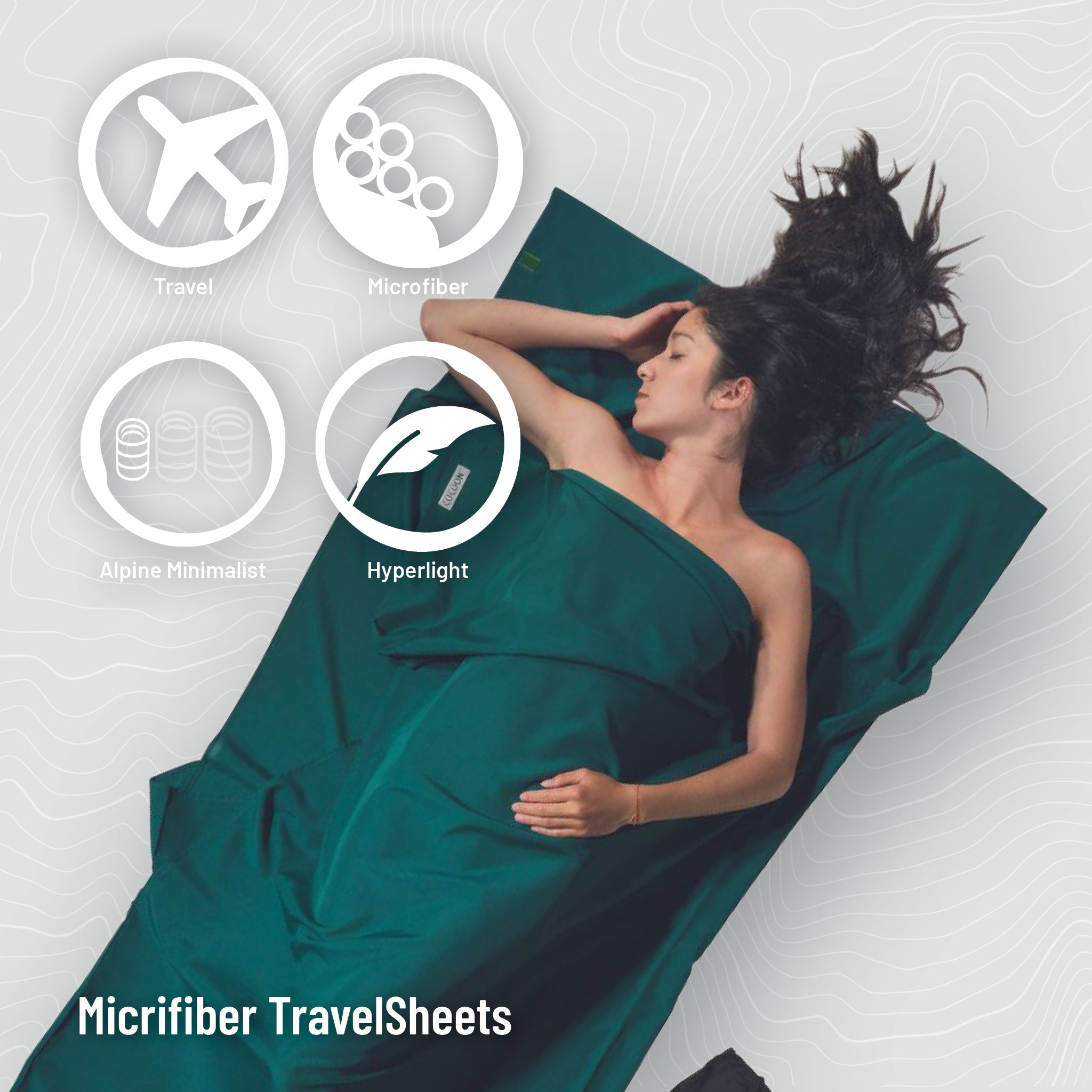 Woman lying on a green micrifoiber travel sheet with product features highlighted.