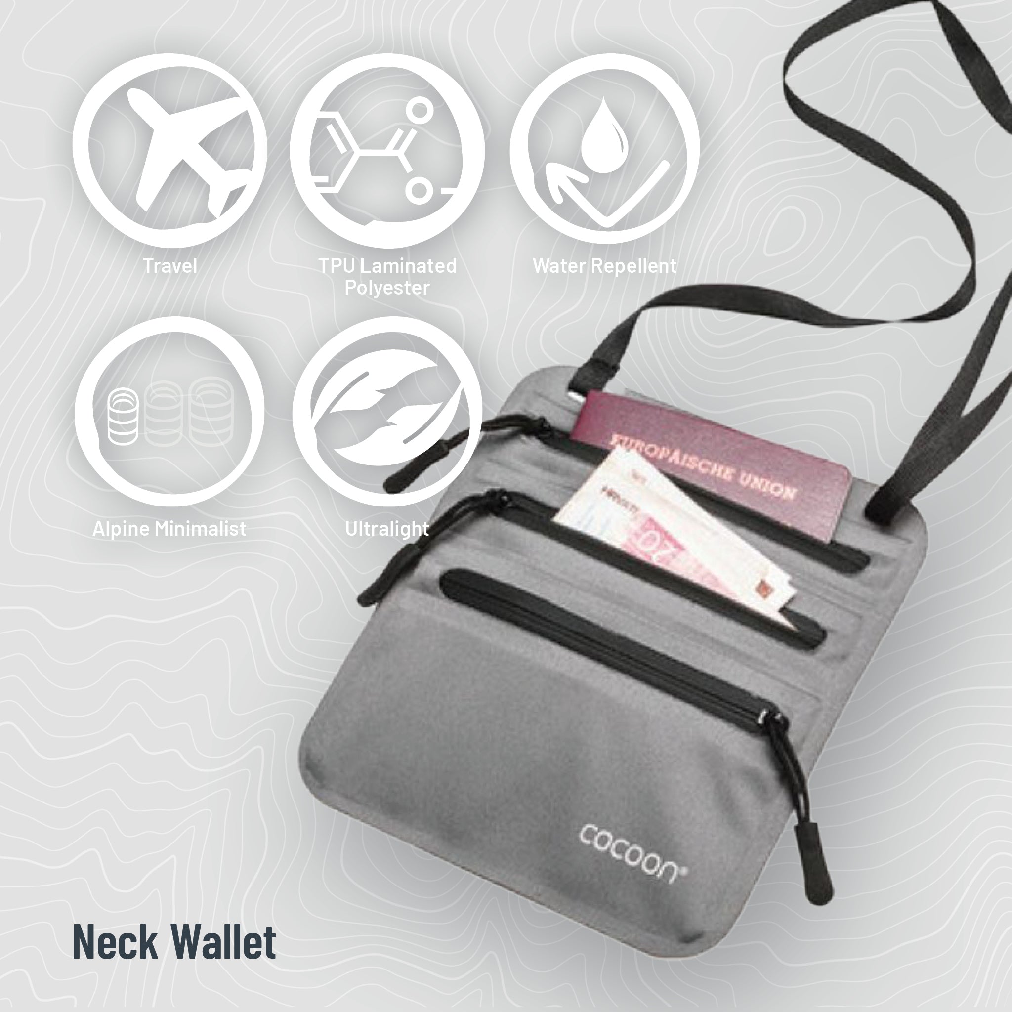 Gray neck wallet with features highlighted on a light gray background