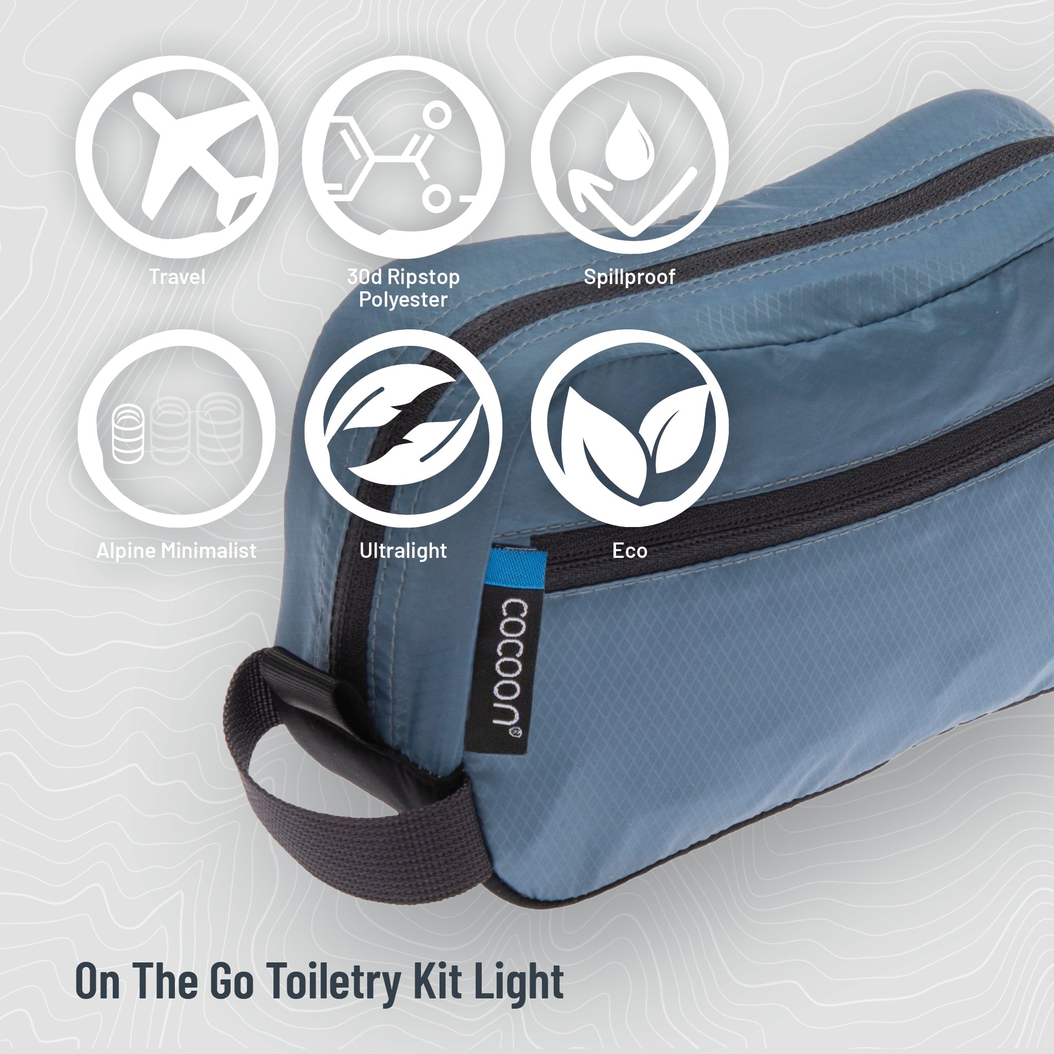 Blue toiletry kit with features icons and 'Cocoon' brand on a light gray background