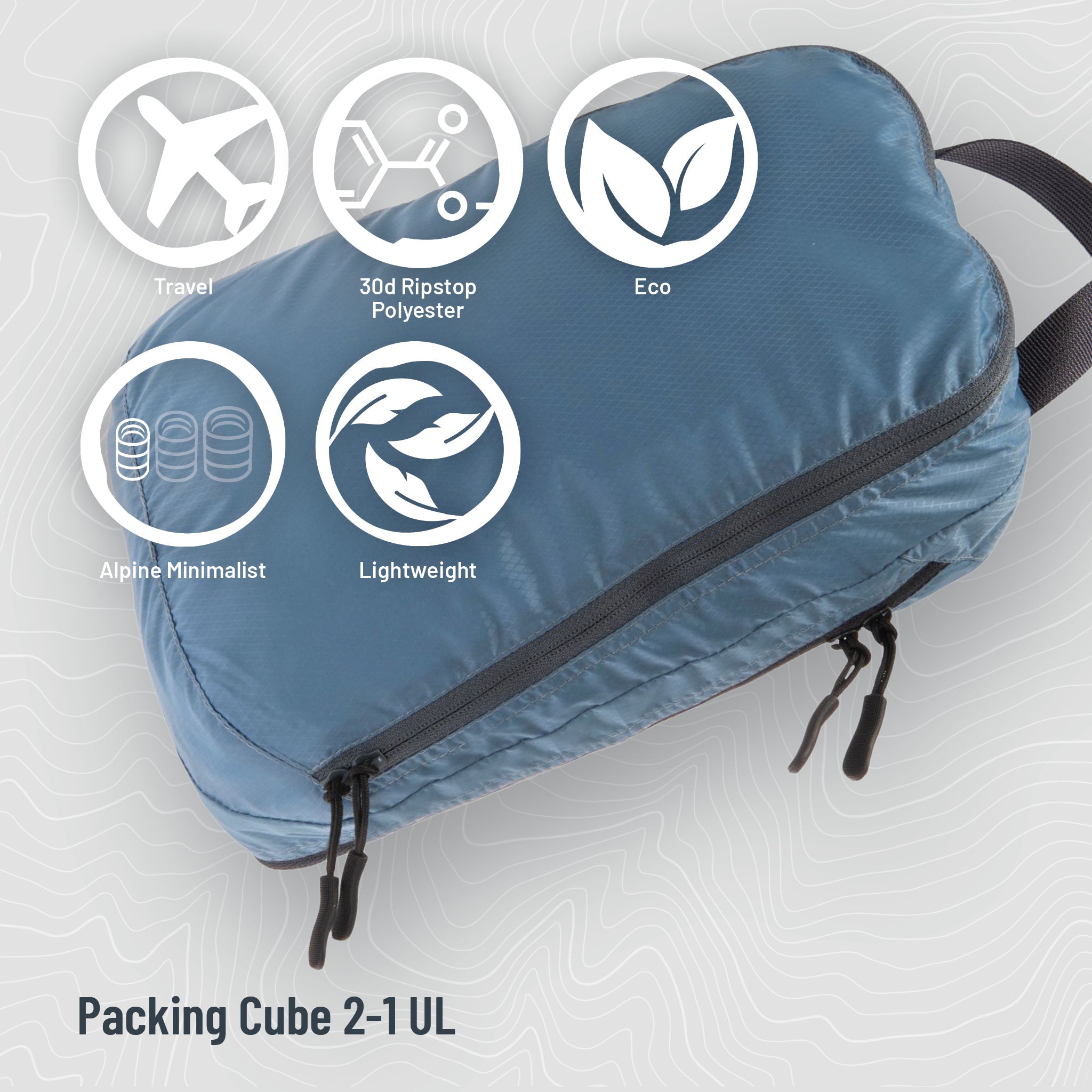 Blue packing cube with features icons on a light gray background