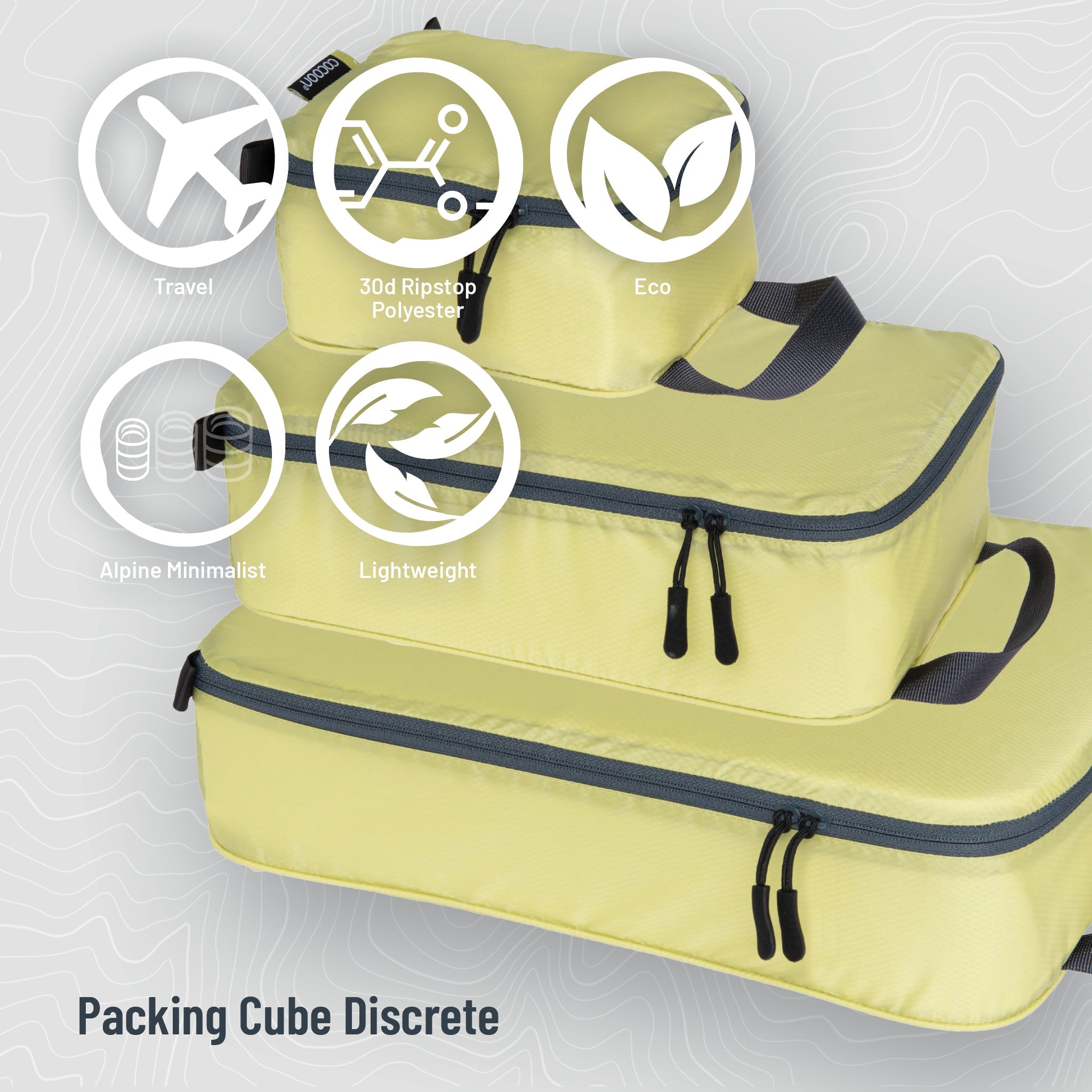 Yellow packing cube with features icons on a light gray background