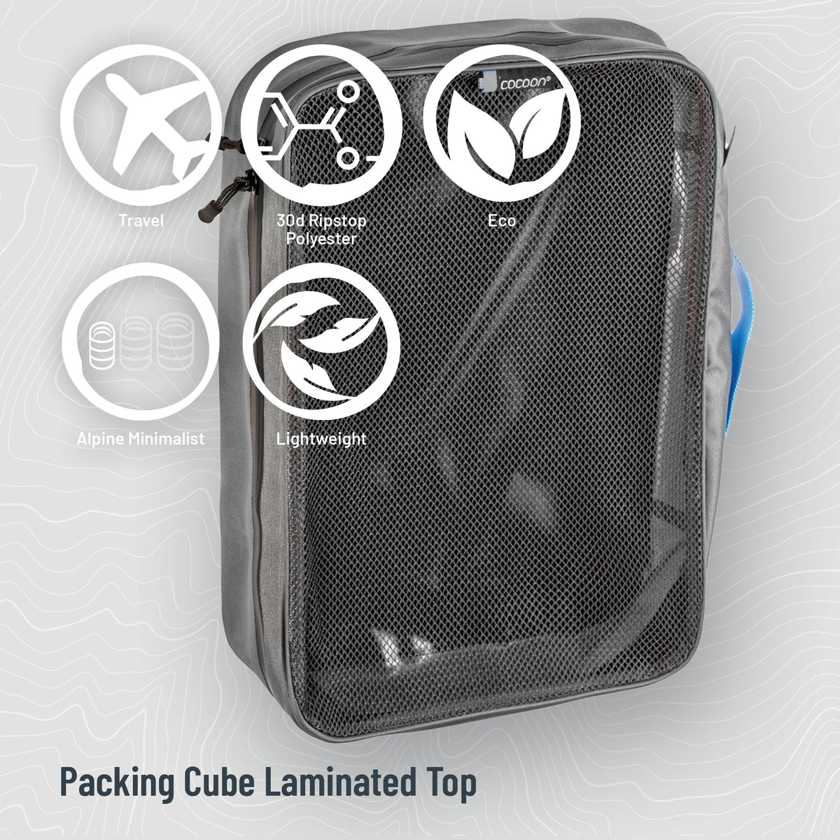 Black packing cube with eco-friendly features on a gray background