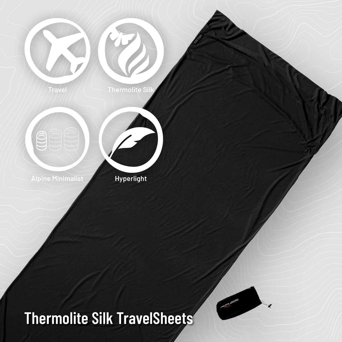 Black Thermolite Silk TravelSheets with features on a light gray background