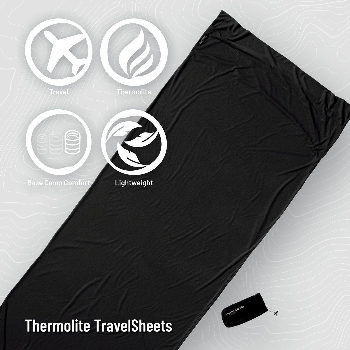 Black Thermolite travel sheet with features on a light gray background