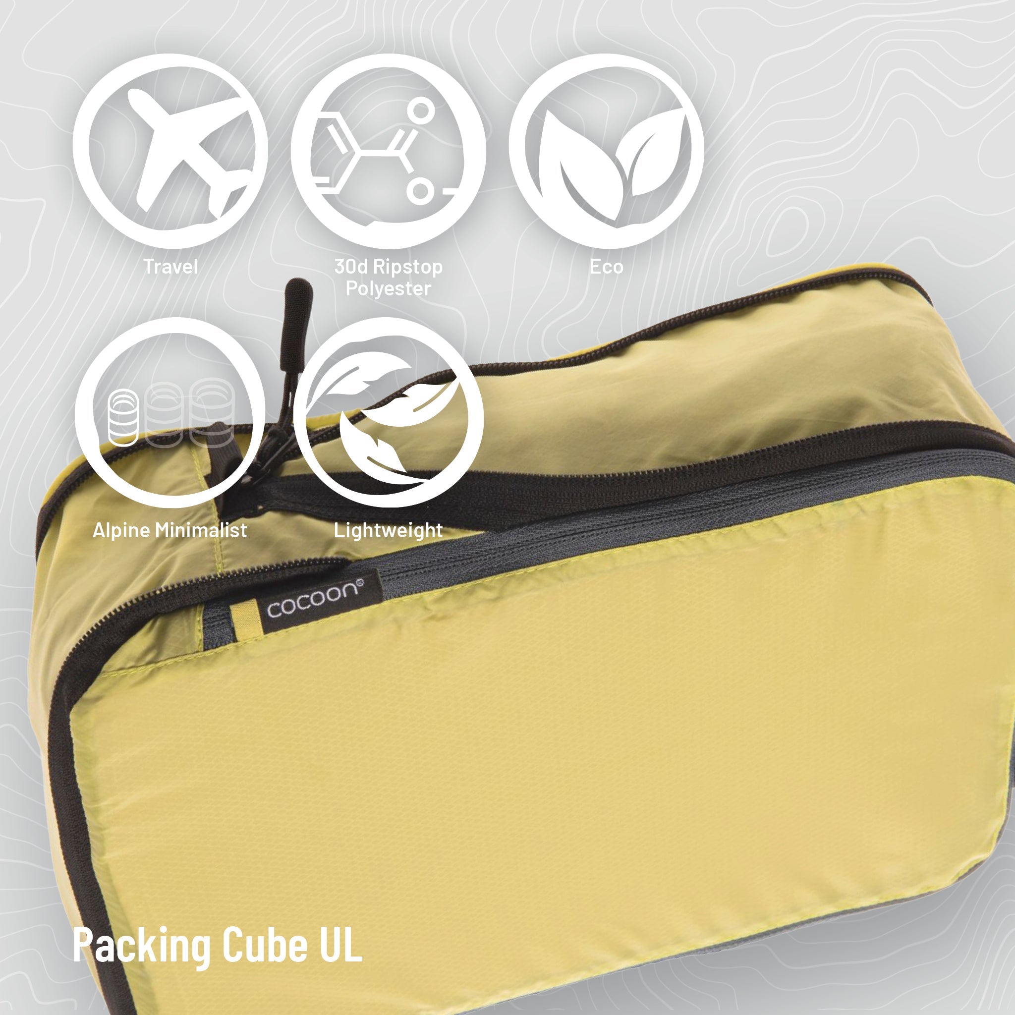 Yellow packing cube with features highlighted on a gray background