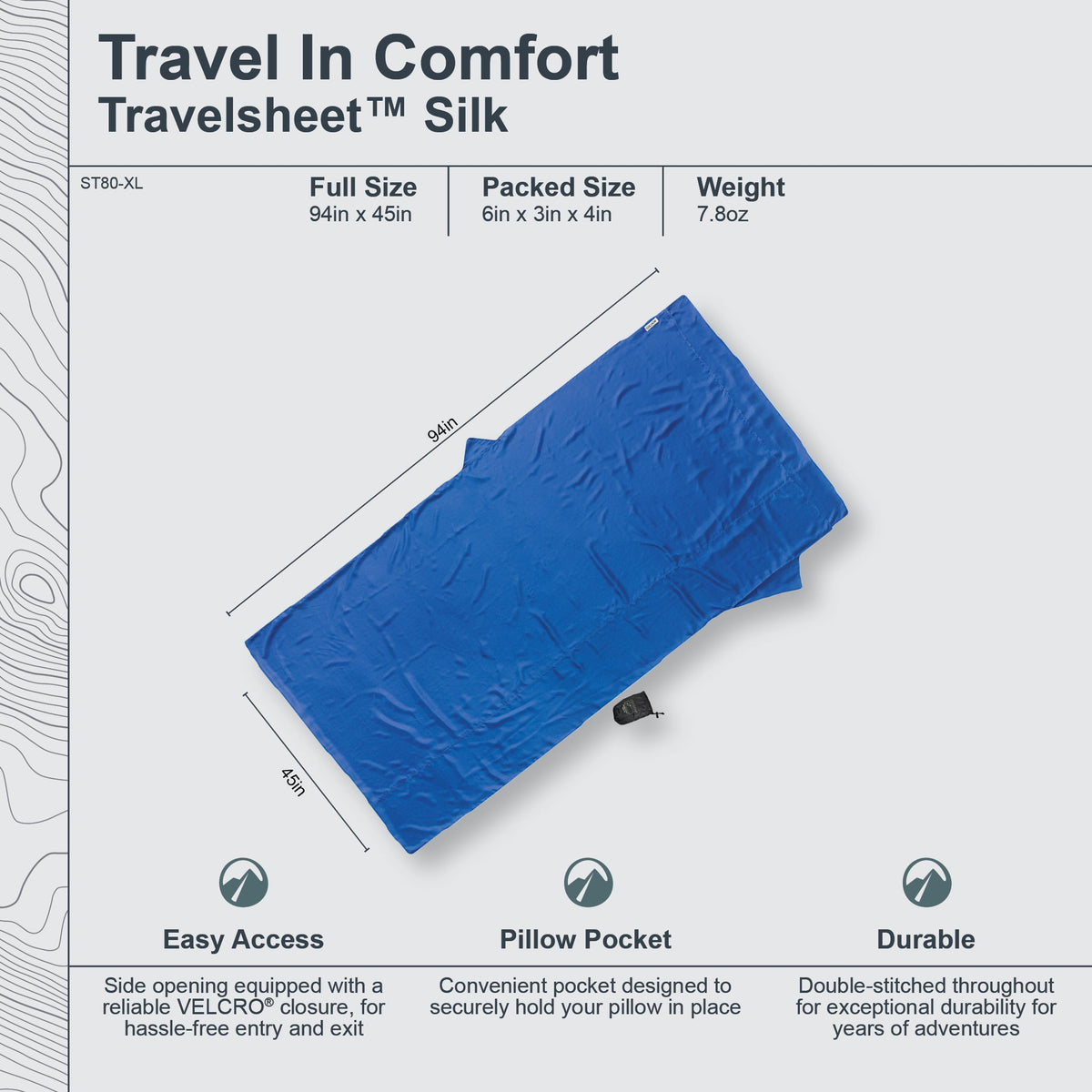 Blue travel sheet with dimensions and features on a gray background