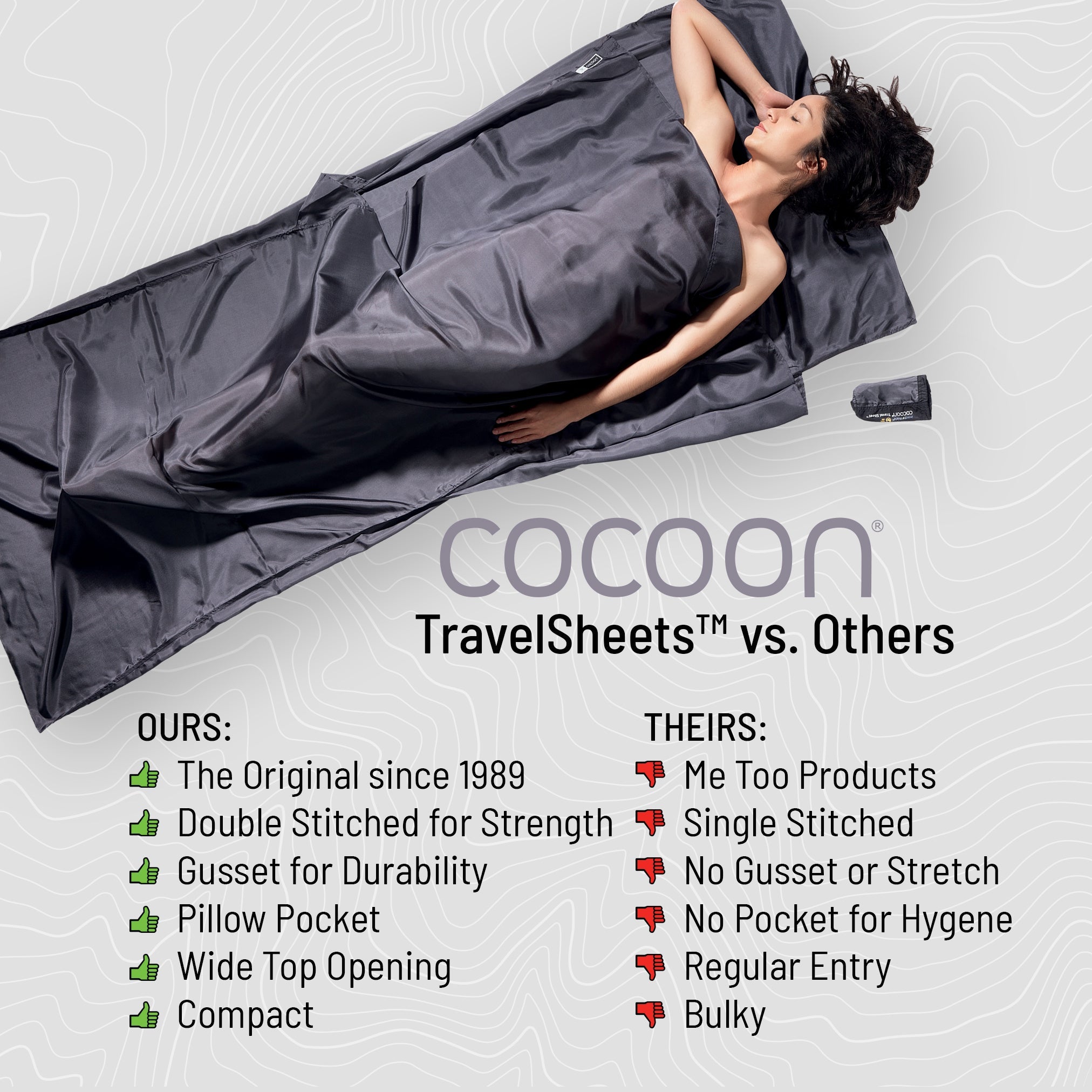 Person lying on a Cocoon travel sheet with comparison text on a white background