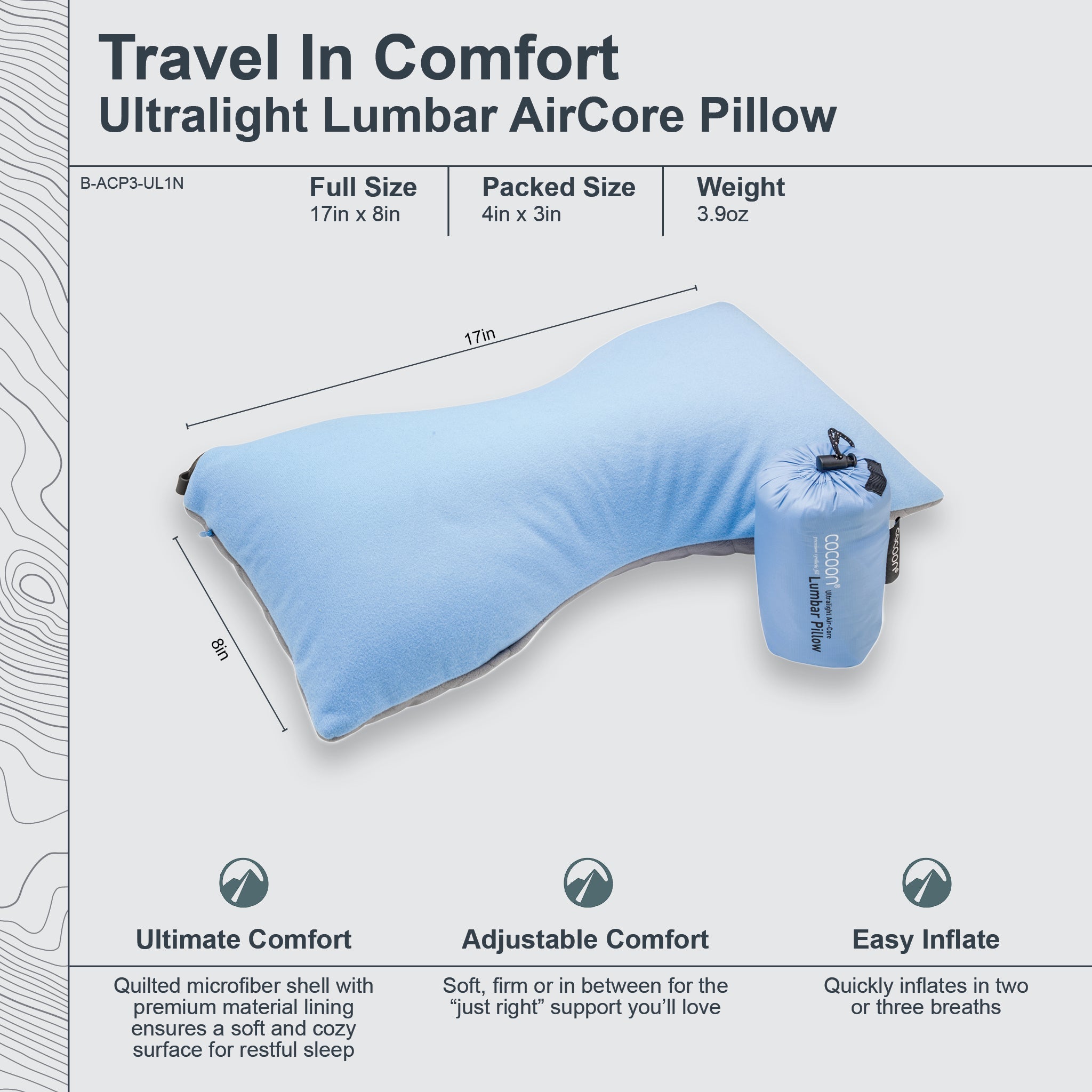 Ultralight lumbar aircore pillow with specifications and features on a light gray background