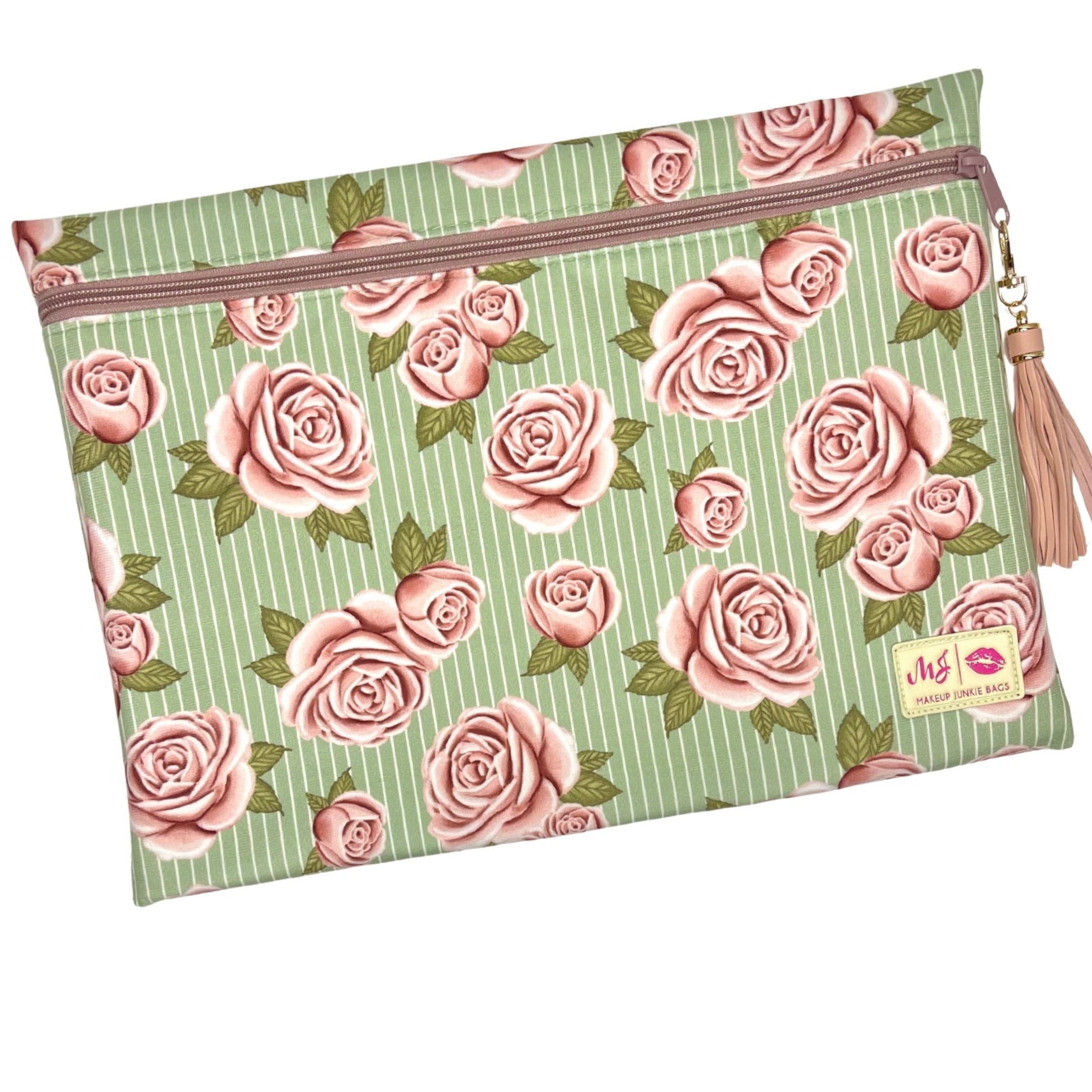 Floral patterned pouch with a tassel on a white background