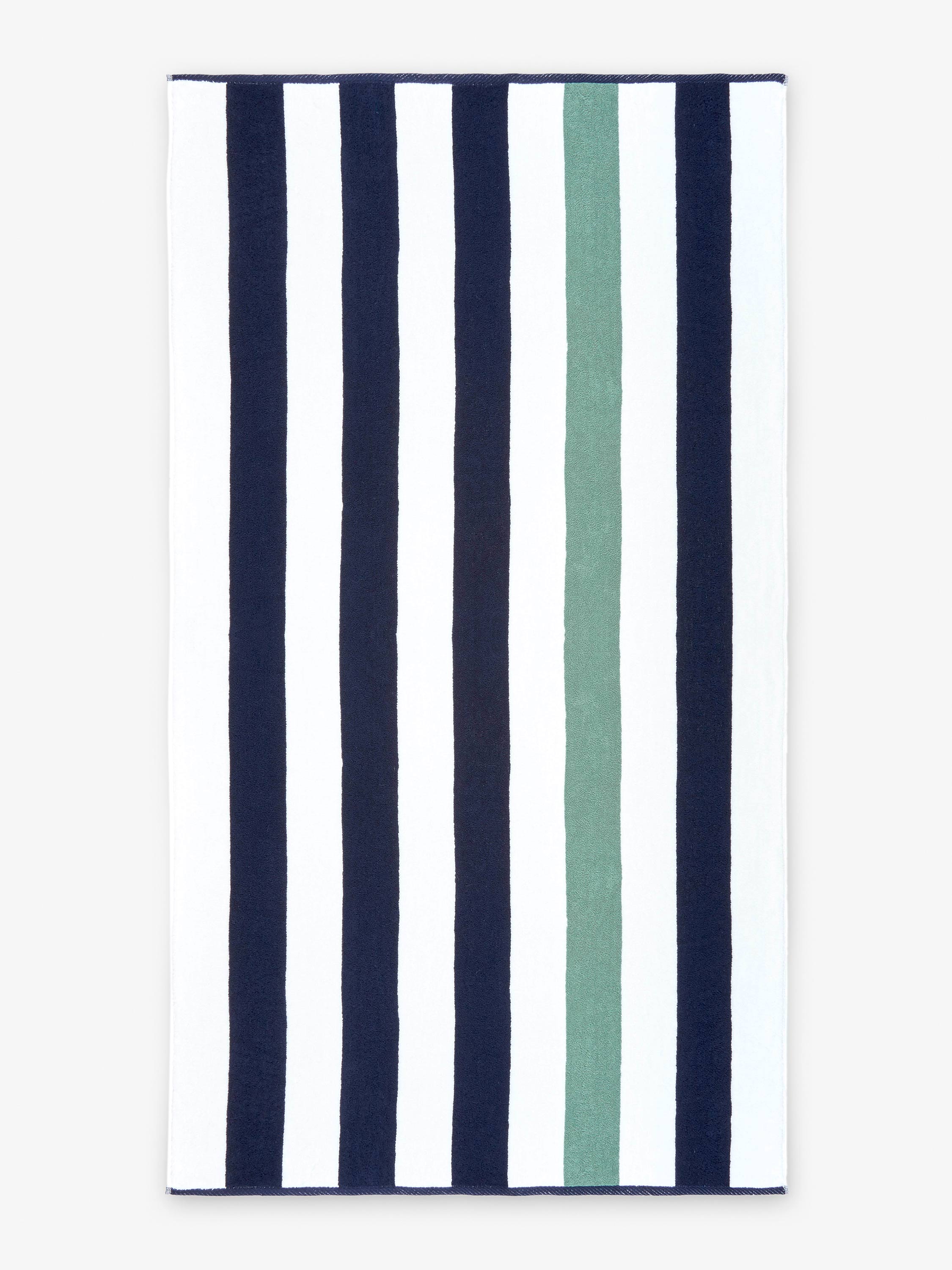 Striped towel with blue, white, and green stripes on a white background