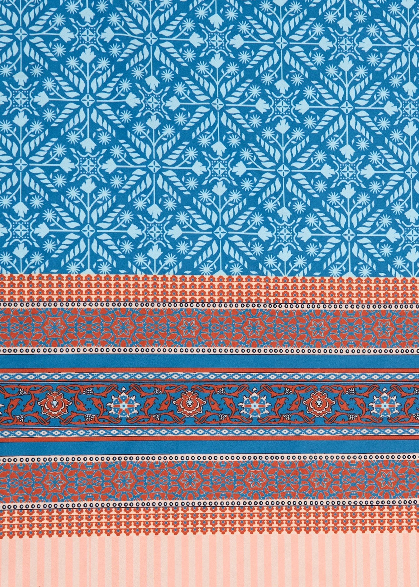 Patterned fabric with blue and orange design