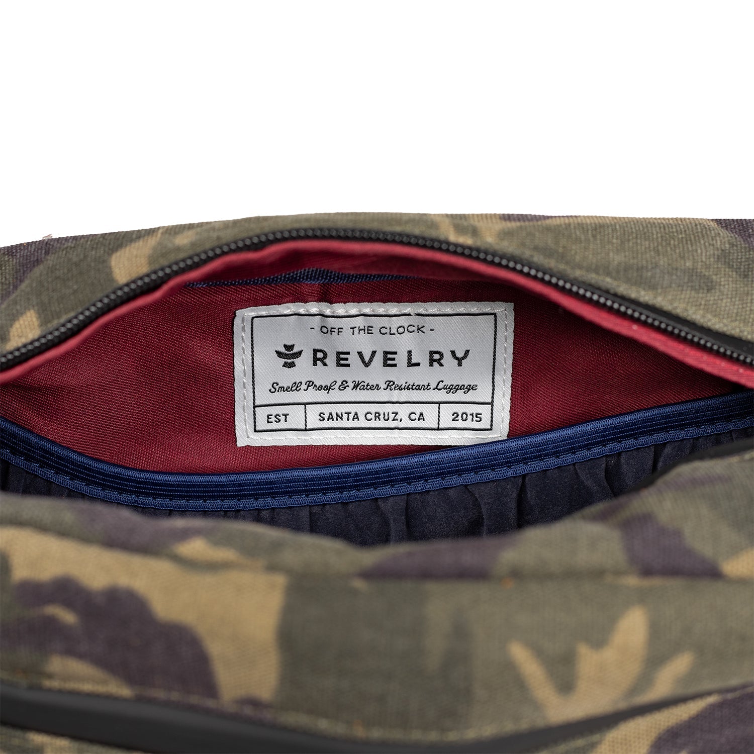 Camouflage bag with a visible brand label on a white background