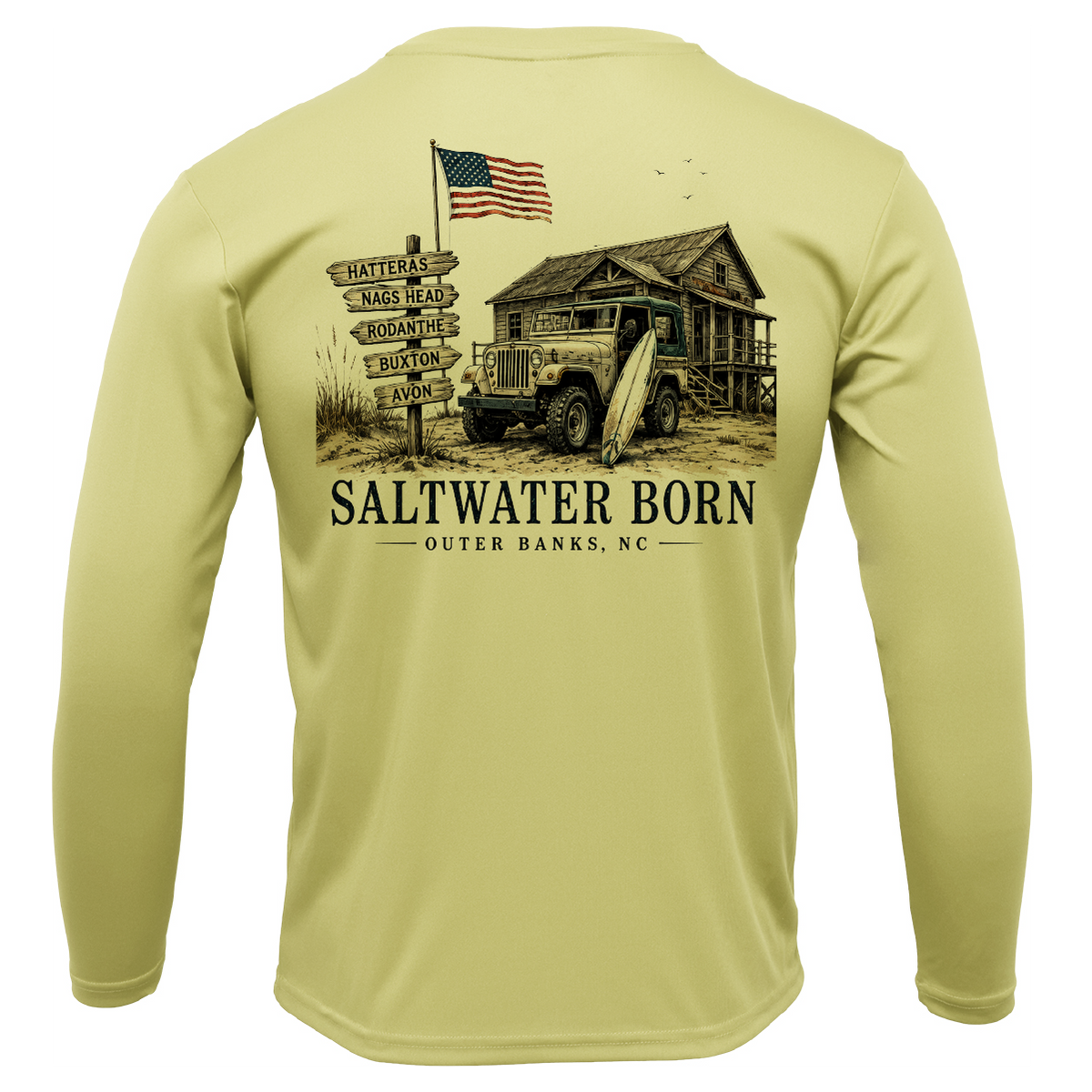 A pale yellow long-sleeve t-shirt shown from the back, featuring a large vintage-style graphic print of a coastal scene with a truck, surfboard, cabin, American flag, and directional signs reading 'SALTWATER BORN OUTER BANKS, NC'.