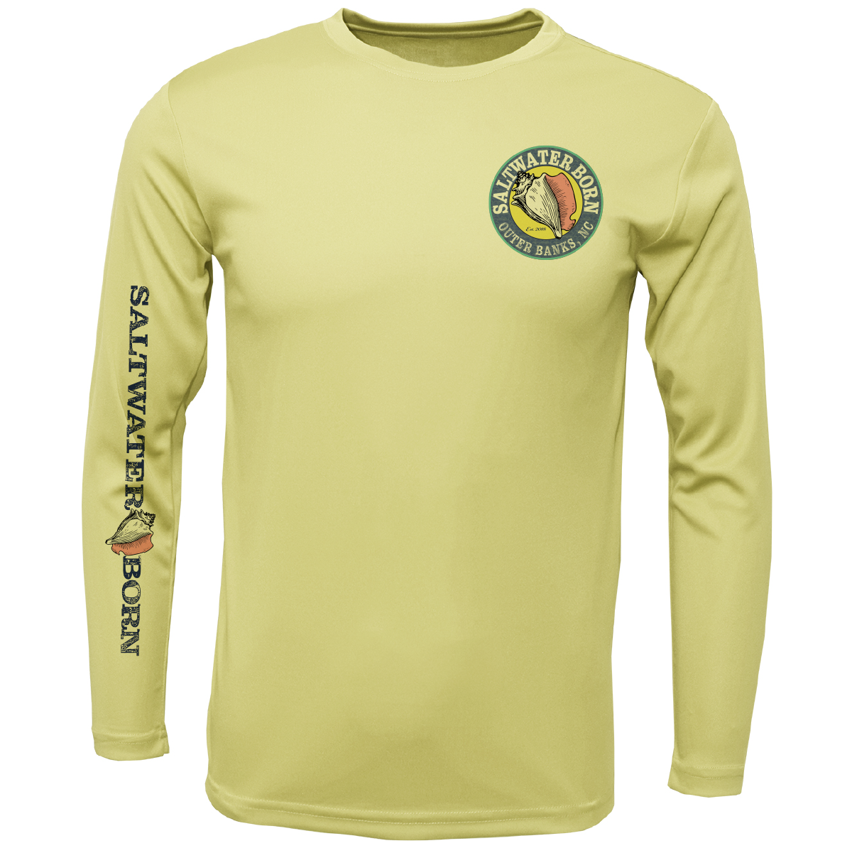 A light yellow long-sleeve performance shirt with a circular 'Saltwater Fish Western Bass' logo on the left chest and 'SALTWATER BORN' printed vertically on the right sleeve, shown on a plain white background.