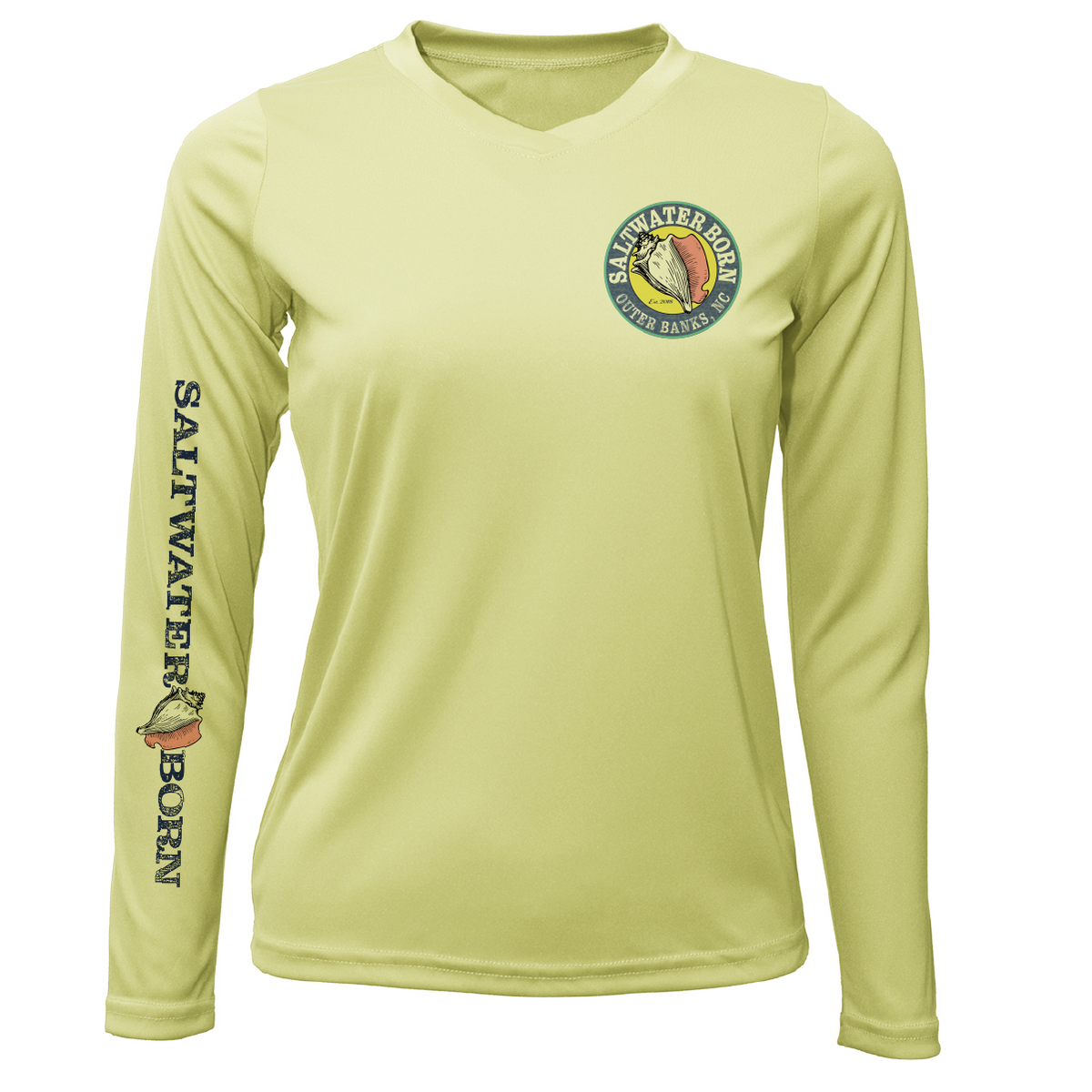 A light yellow-green long-sleeve V-neck performance shirt with a 'Saltwater Born' logo on the left chest and down the left sleeve, shown on a plain white background.