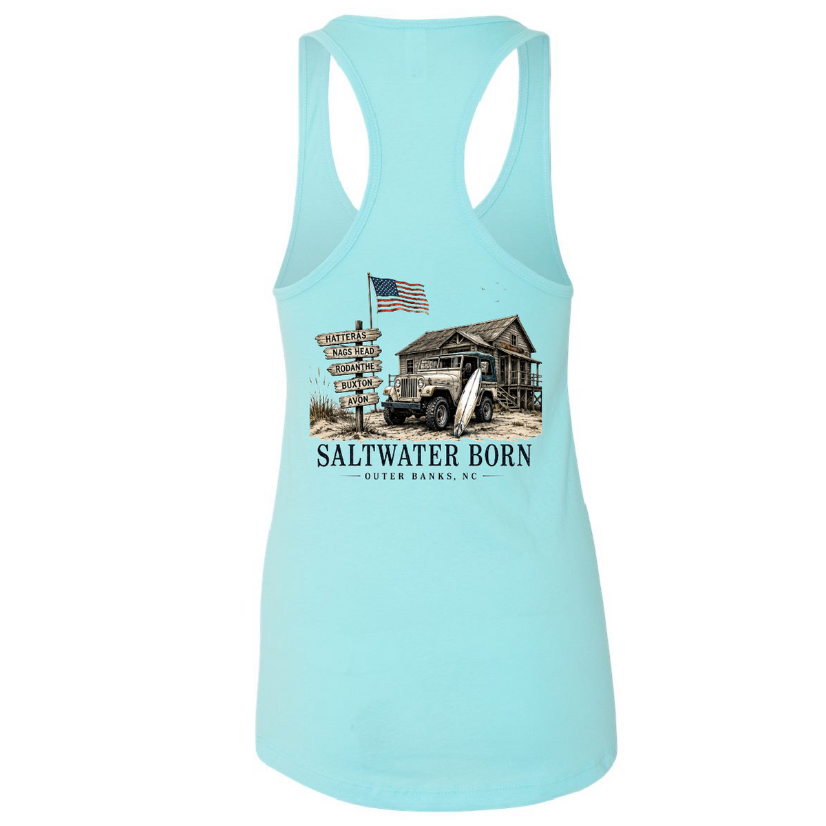 A light aqua racerback tank top featuring a vintage-style graphic of a coastal cabin, a surfboard, a jeep, and a signpost with the text 'SALTWATER BORN - OUTER BANKER, NC'.