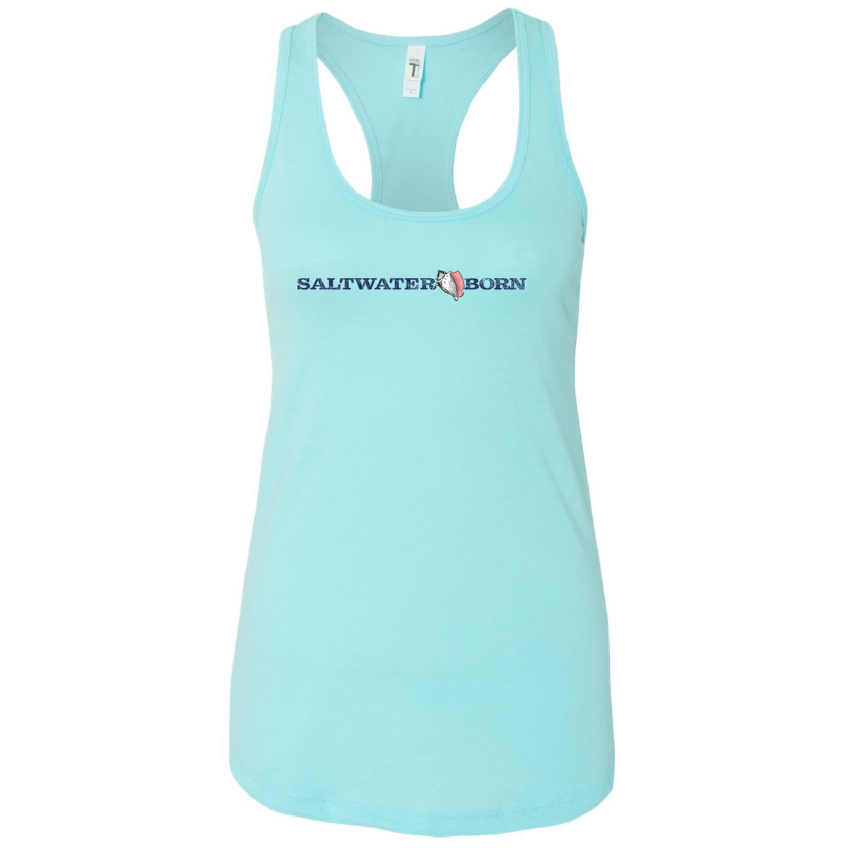A light aqua racerback tank top with 'SALTWATER BORN' printed across the chest in navy and orange, featuring a small fish graphic. The tank top is displayed on a clean white background.