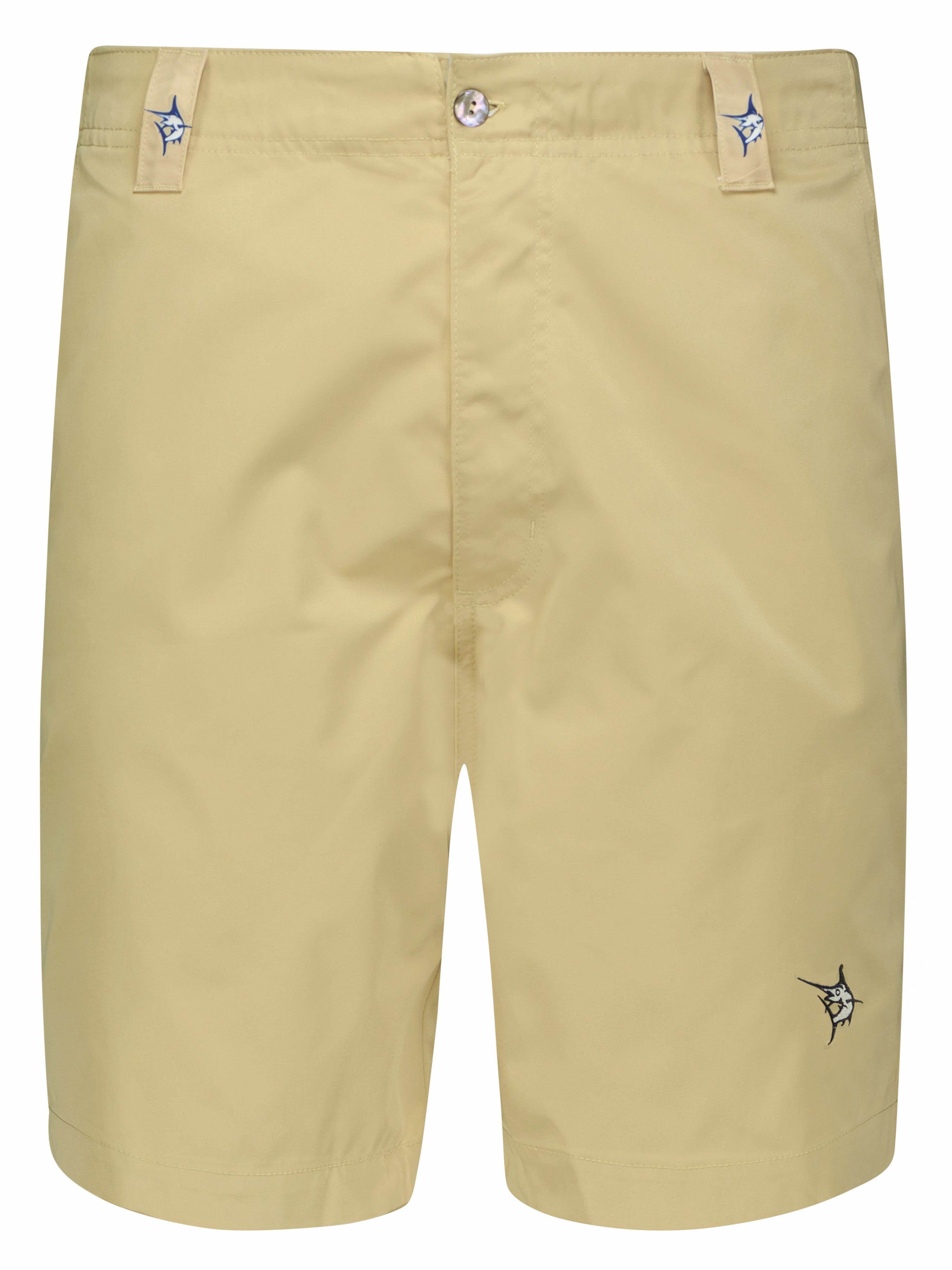 Beige shorts with small decorative buttons on a white background