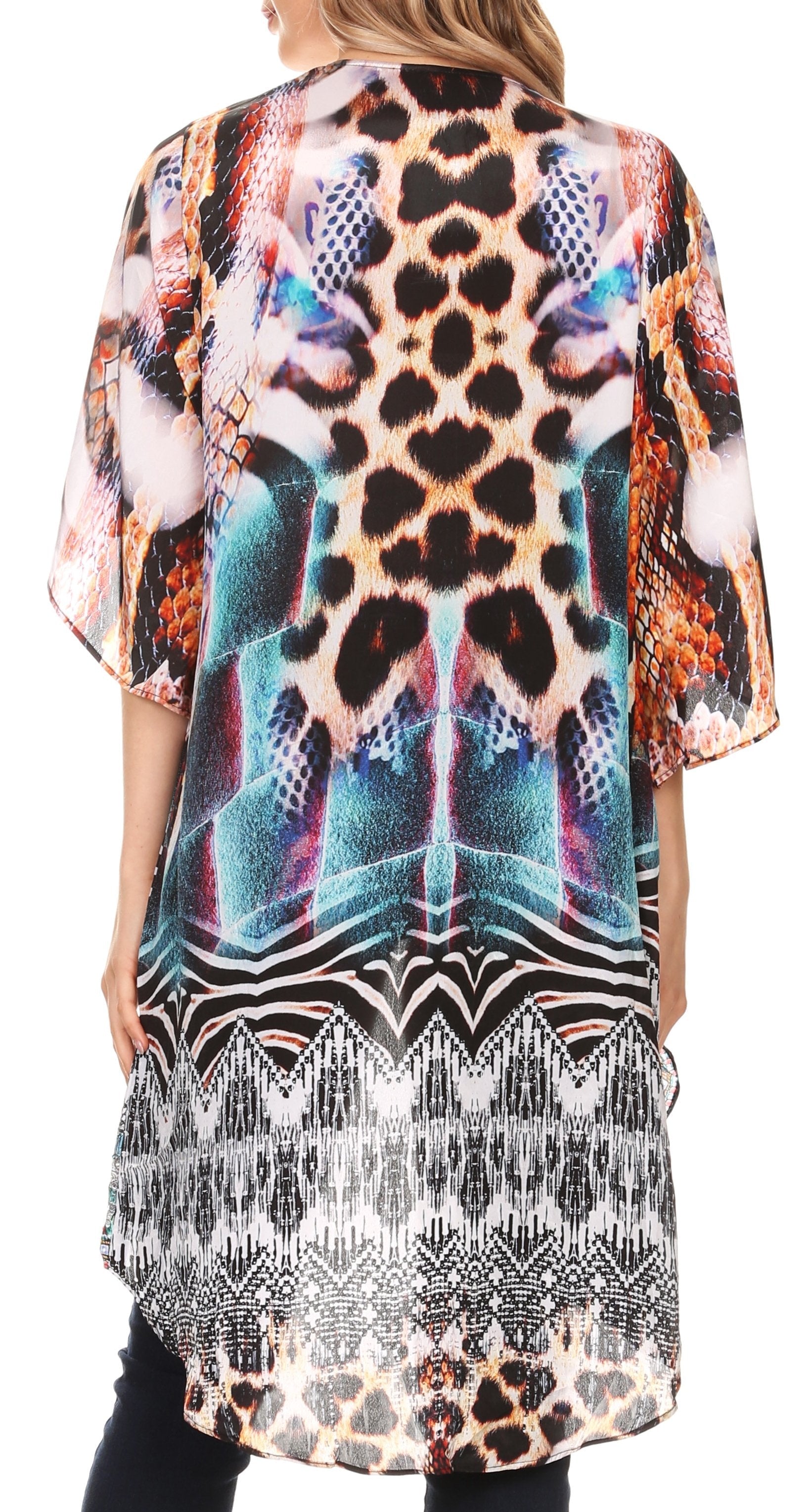 Multicolored patterned top with a focus on vibrant colors and abstract design.