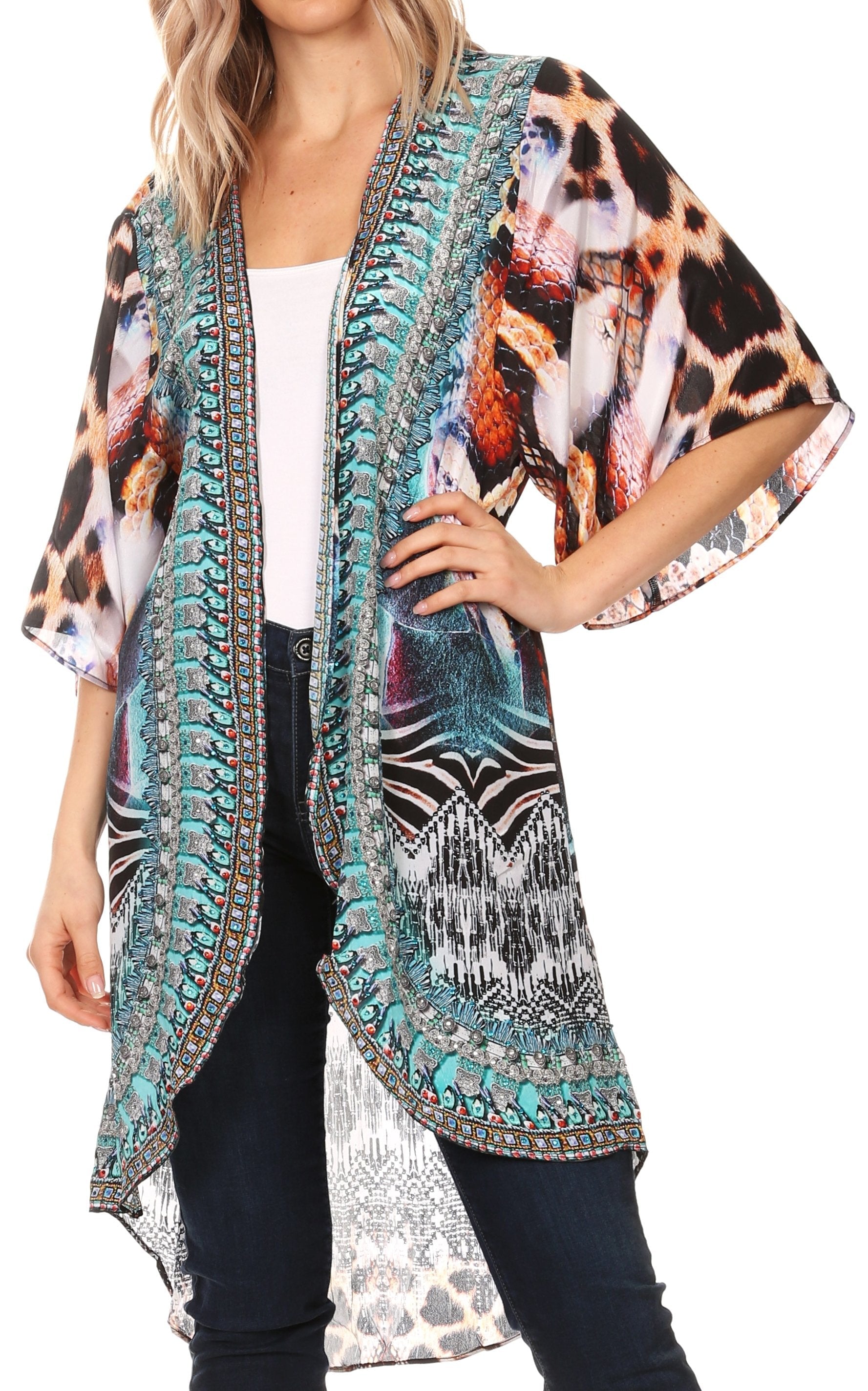 Woman wearing a patterned kimono with animal prints on a white background