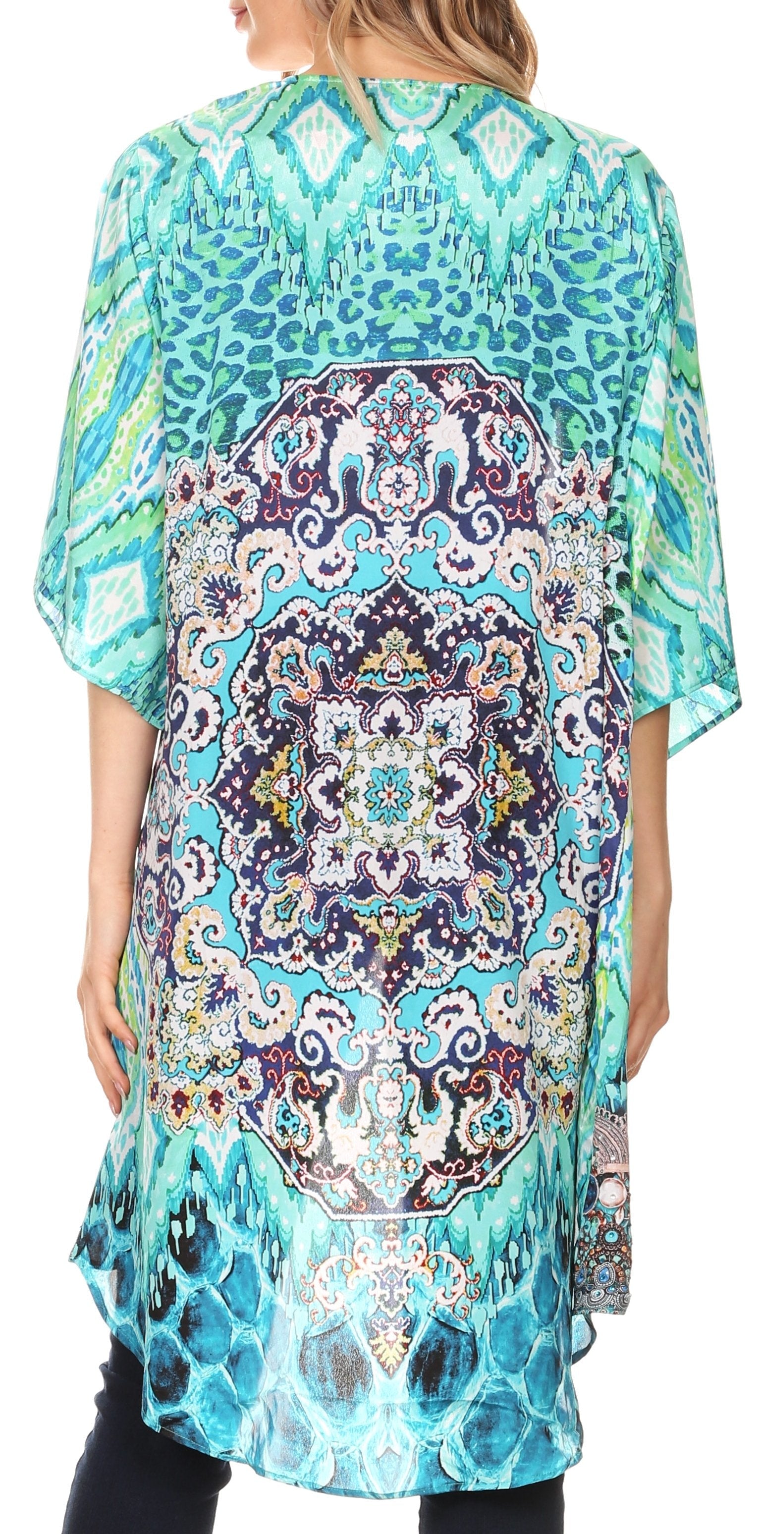 Colorful patterned dress with a mandala design on a white background