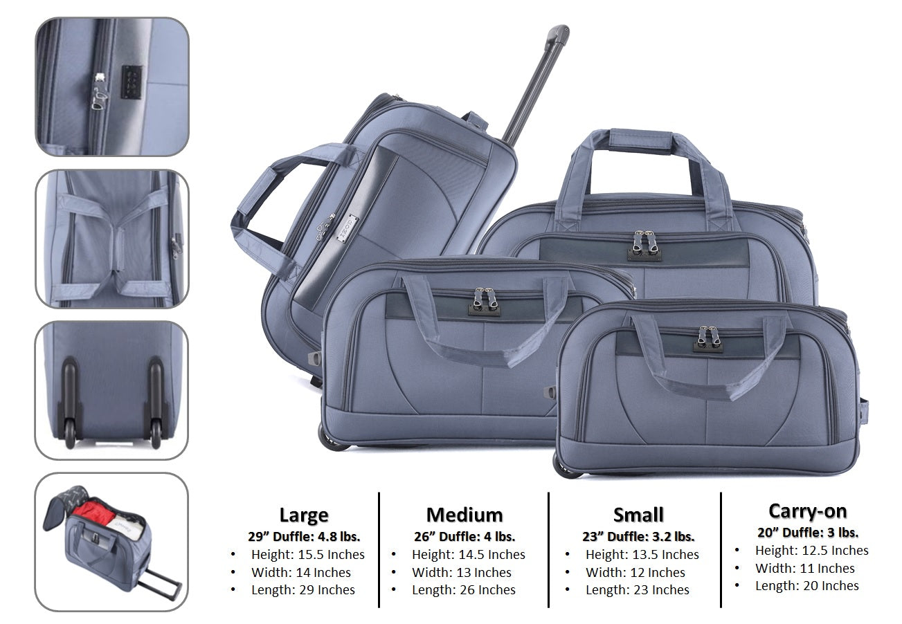 Set of gray duffel bags with measurements and features on a white background