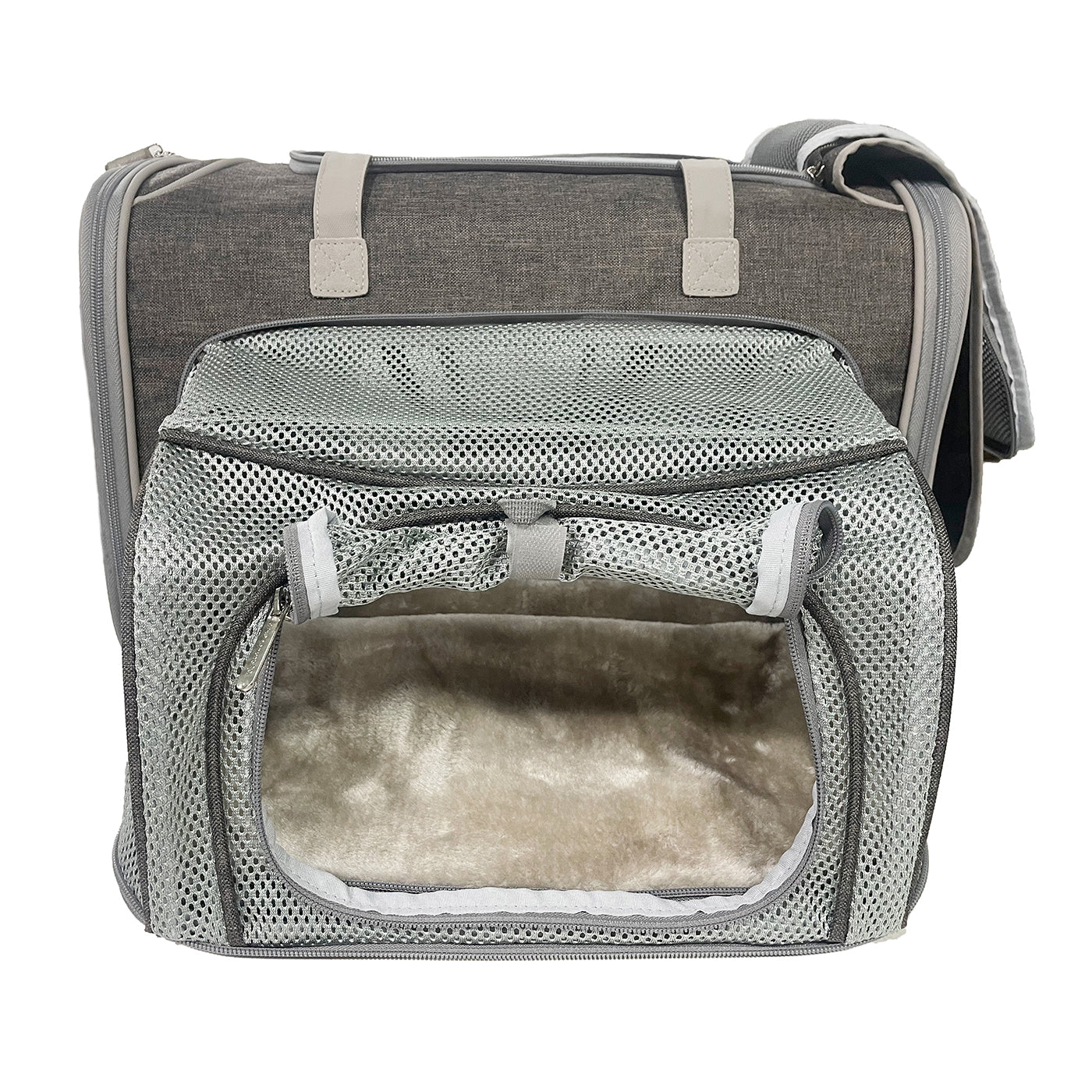 Gray pet carrier with a soft interior on a white background