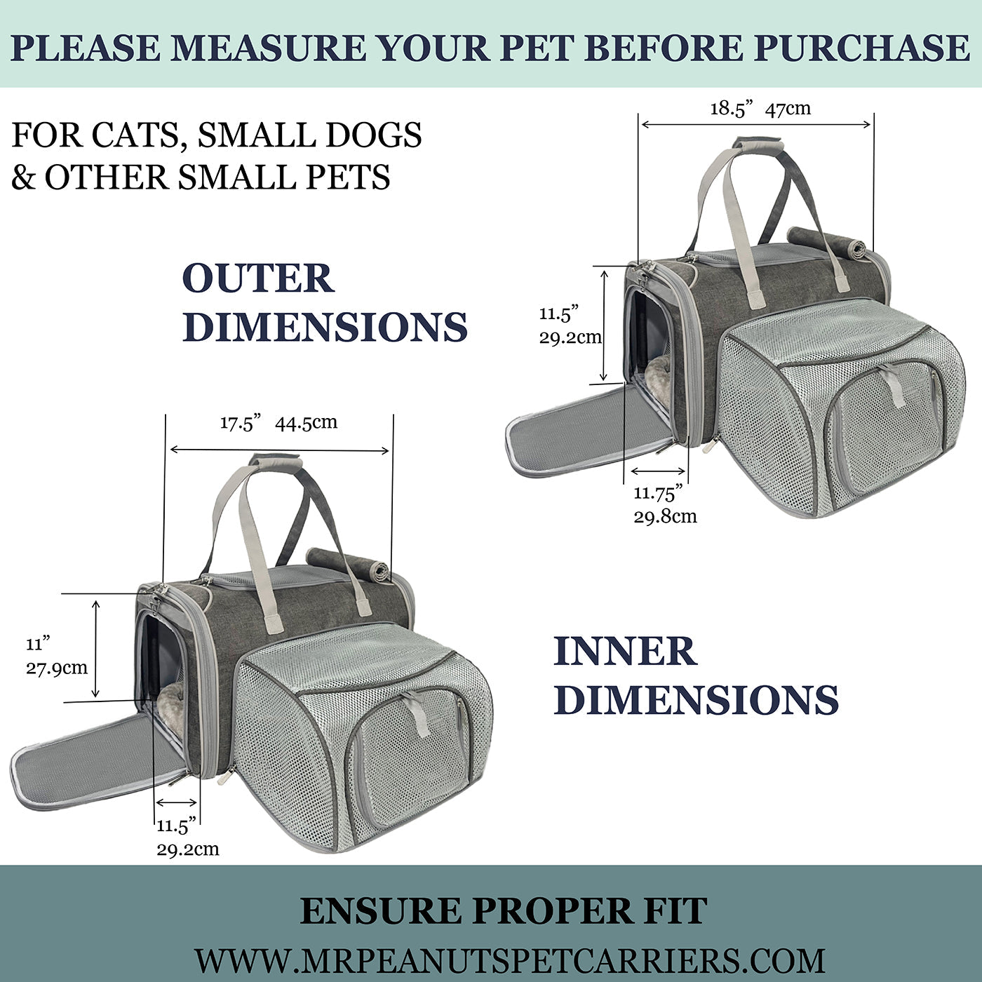 Pet carrier with dimensions labeled for cats, small dogs, and other small pets.