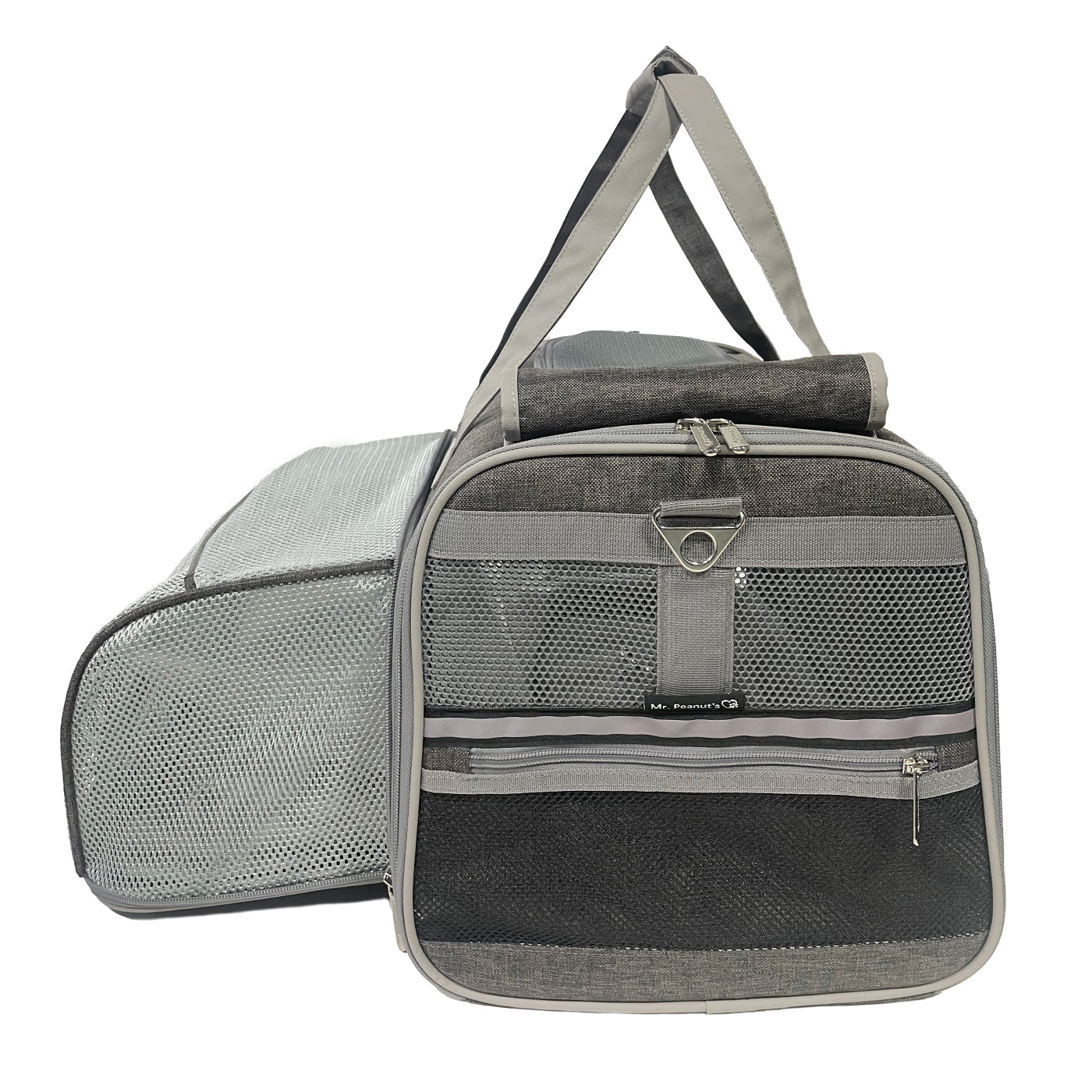 Gray pet carrier with mesh side and black bottom on a white background