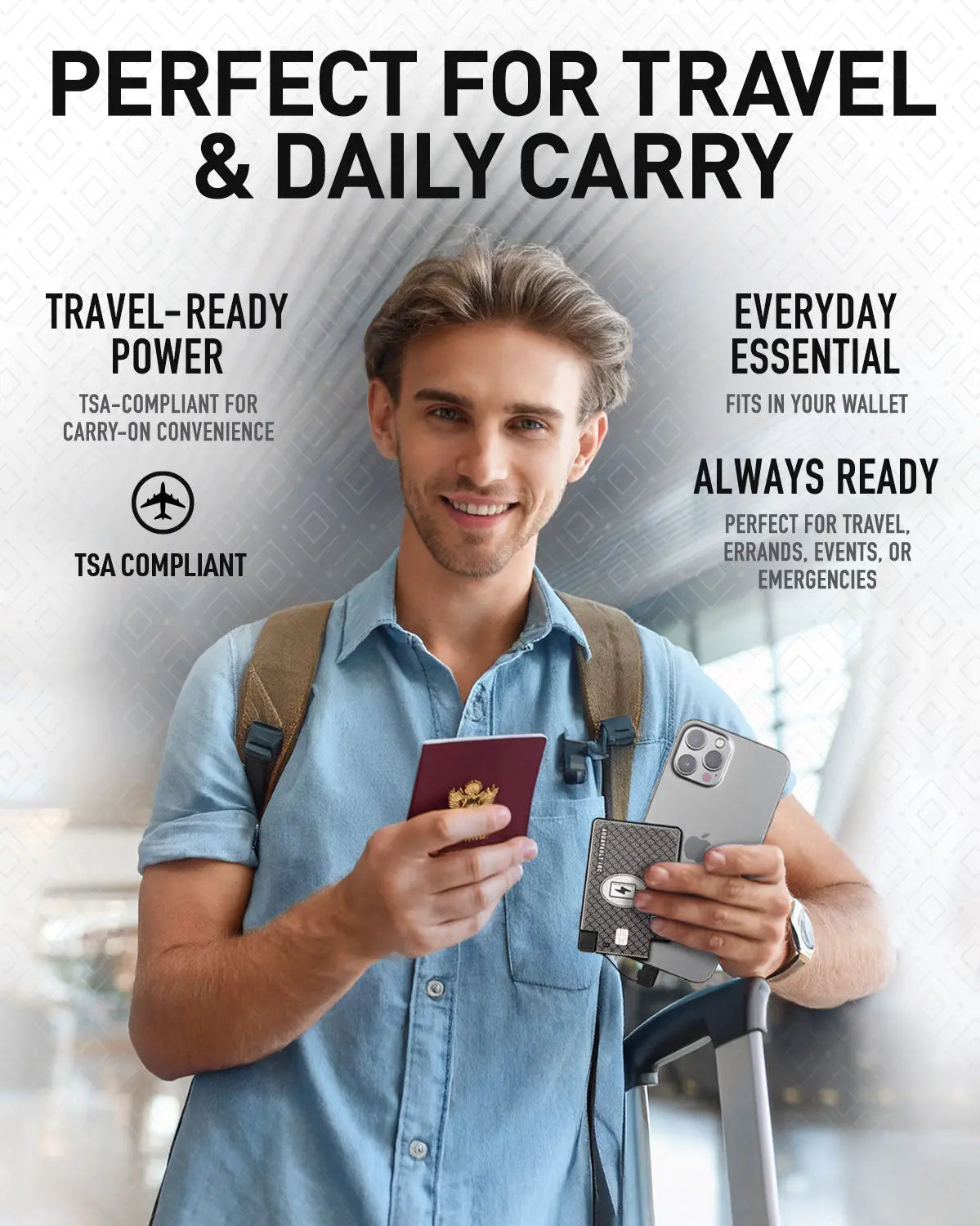 Man holding a phone, passport, and wallet with text about travel-ready power and TSA compliance.