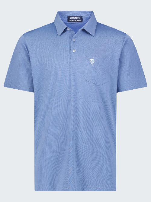 Blue polo shirt with a small logo on a white background