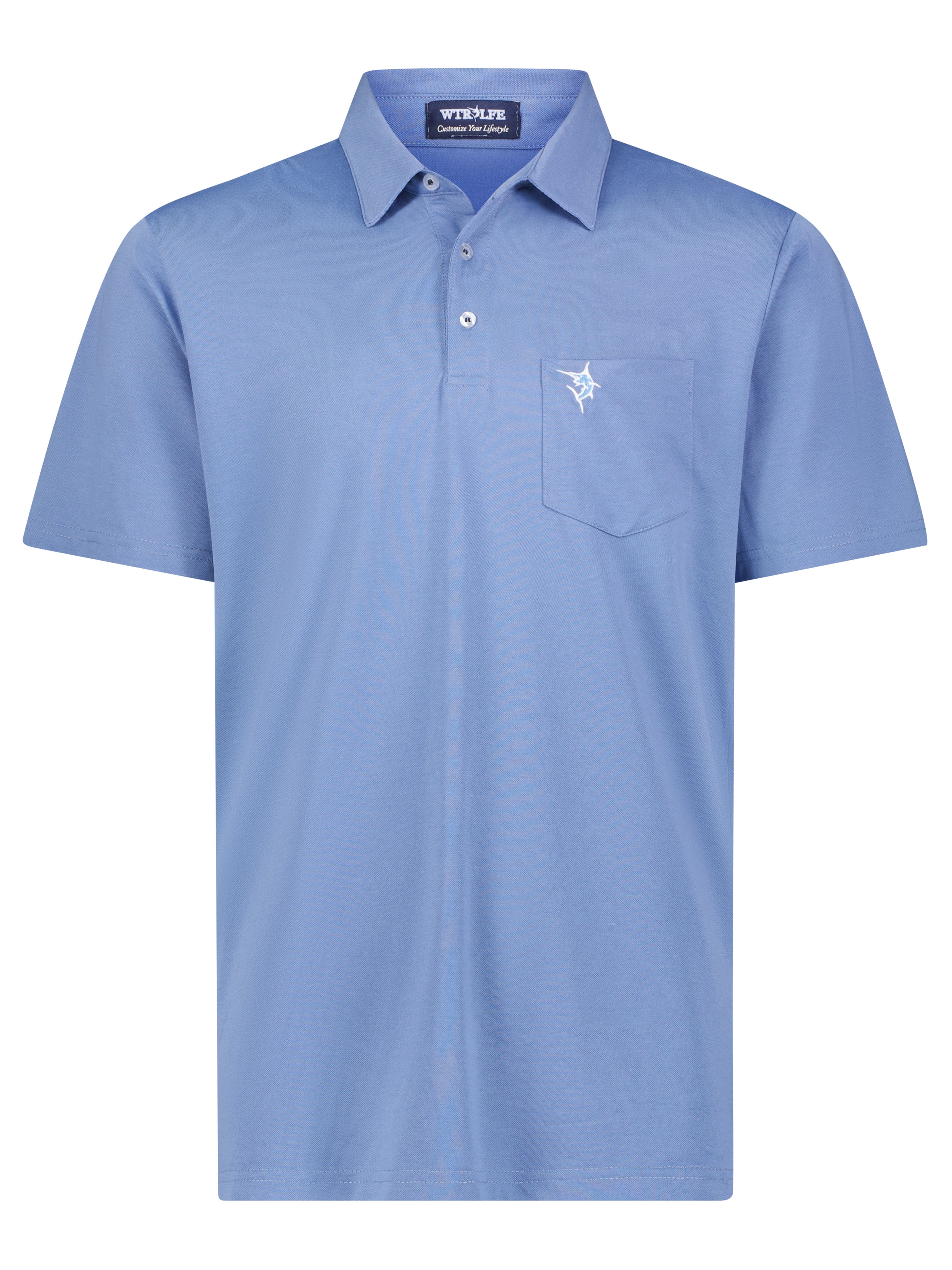 Blue polo shirt with a small logo on a white background