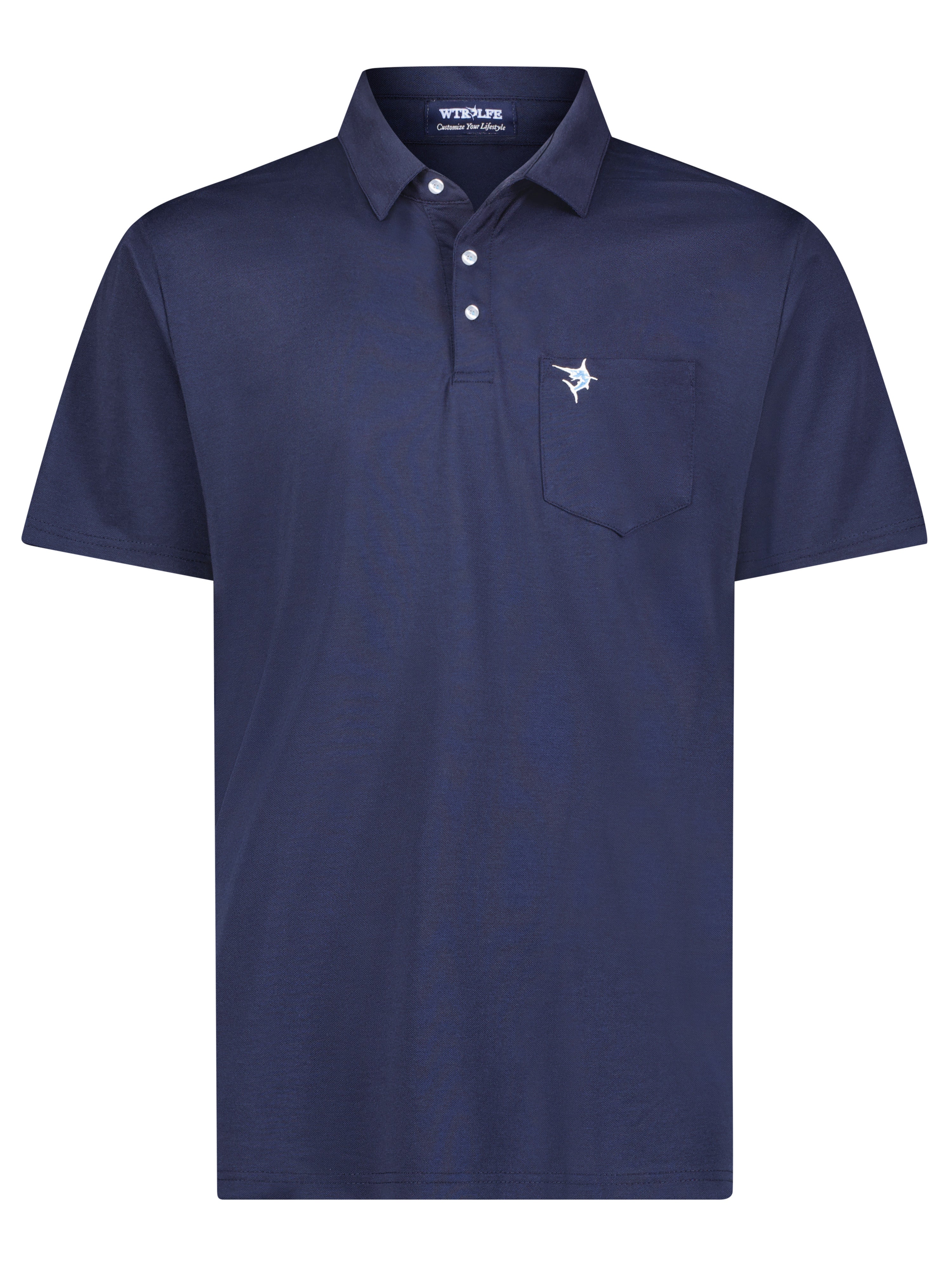 Navy blue polo shirt with a small logo on a white background