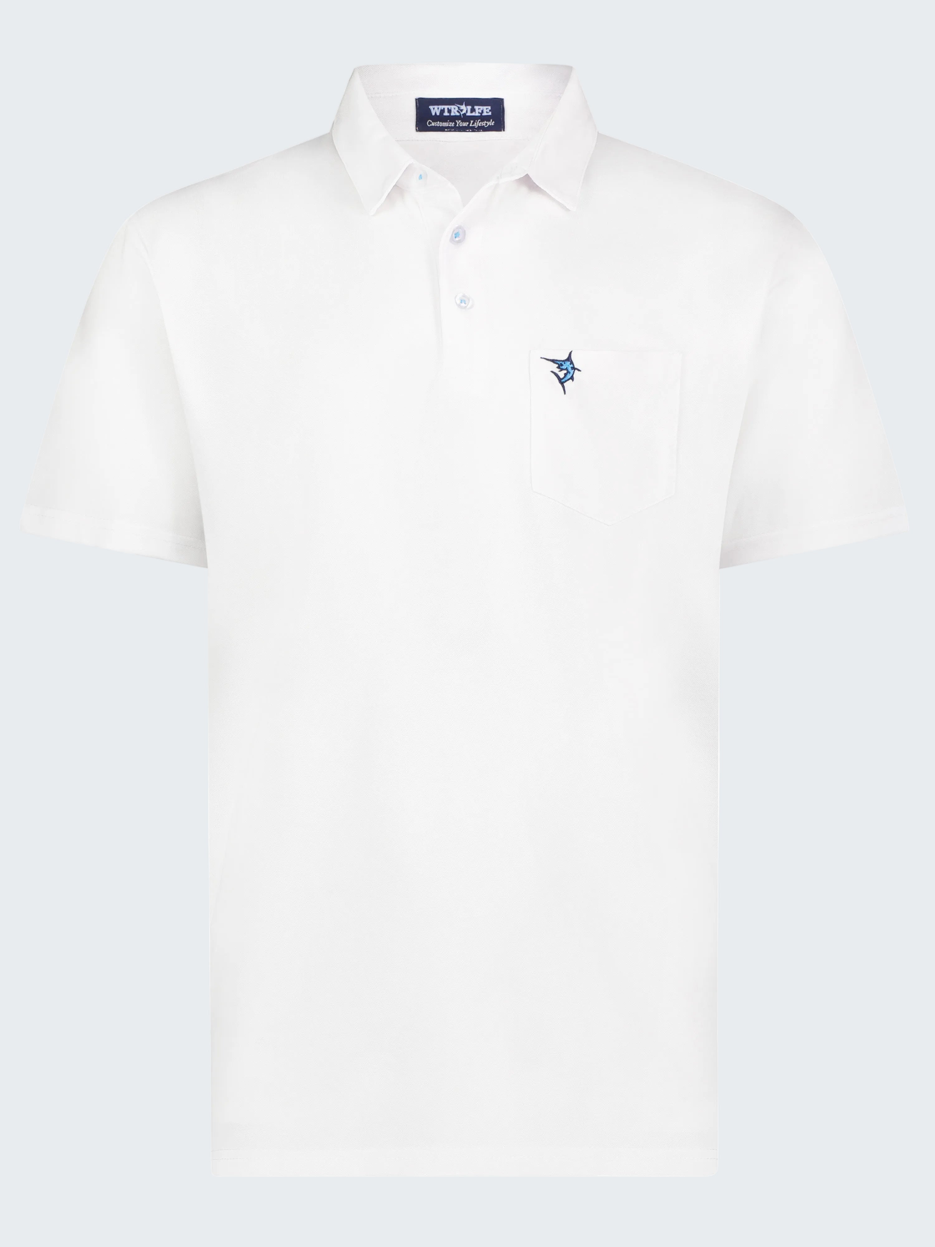 White polo shirt with a small logo on a white background