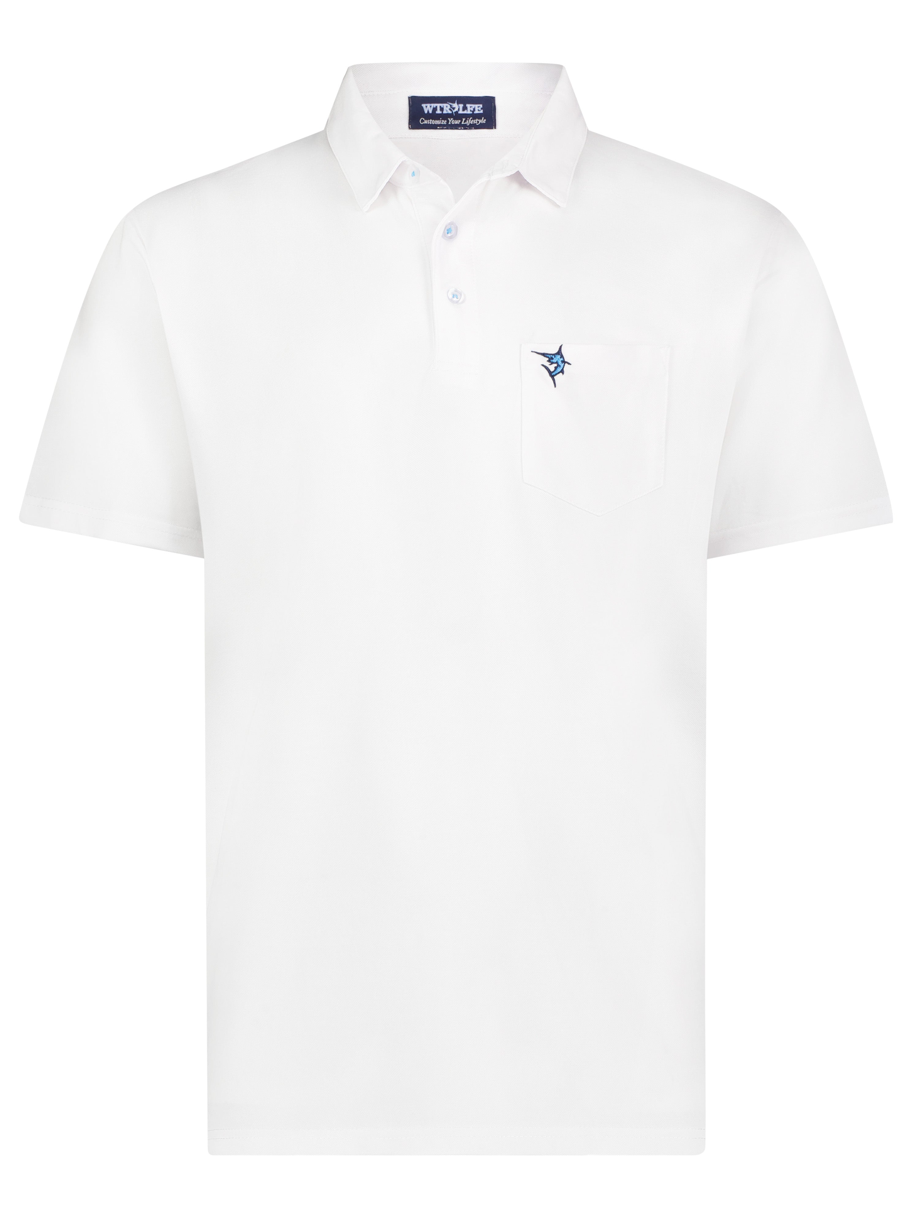 White polo shirt with a small logo on a white background