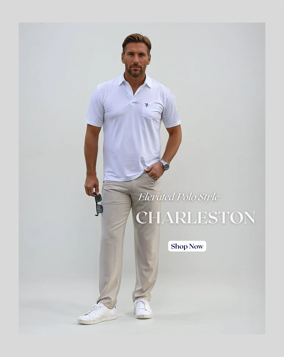 Man wearing a white polo shirt and beige pants on a gray background with 'Charleston' branding.