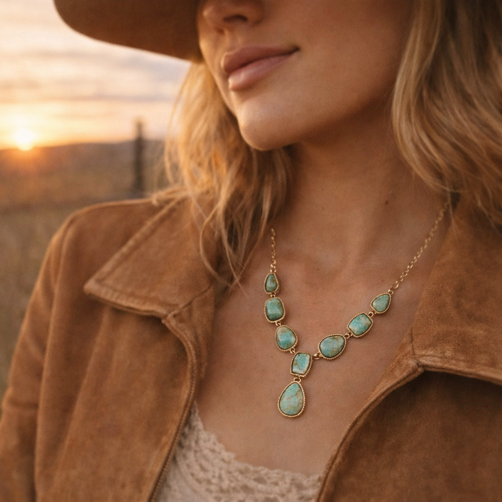 Woman wearing a turquoise necklace with a sunset in the background