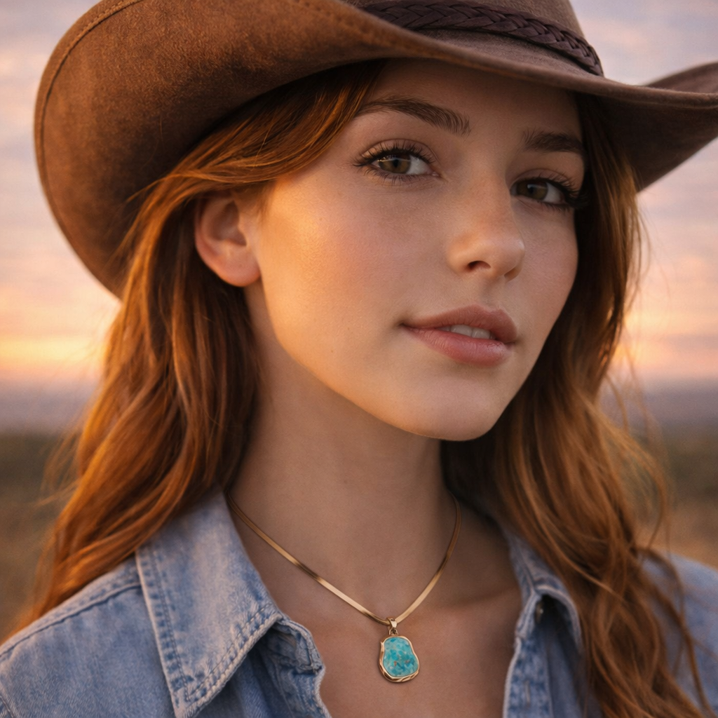 Woman wearing a cowboy hat and denim jacket with a necklace, set against a sunset sky.