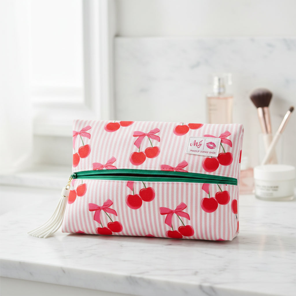 Makeup bag with cherry and bow pattern on a white background