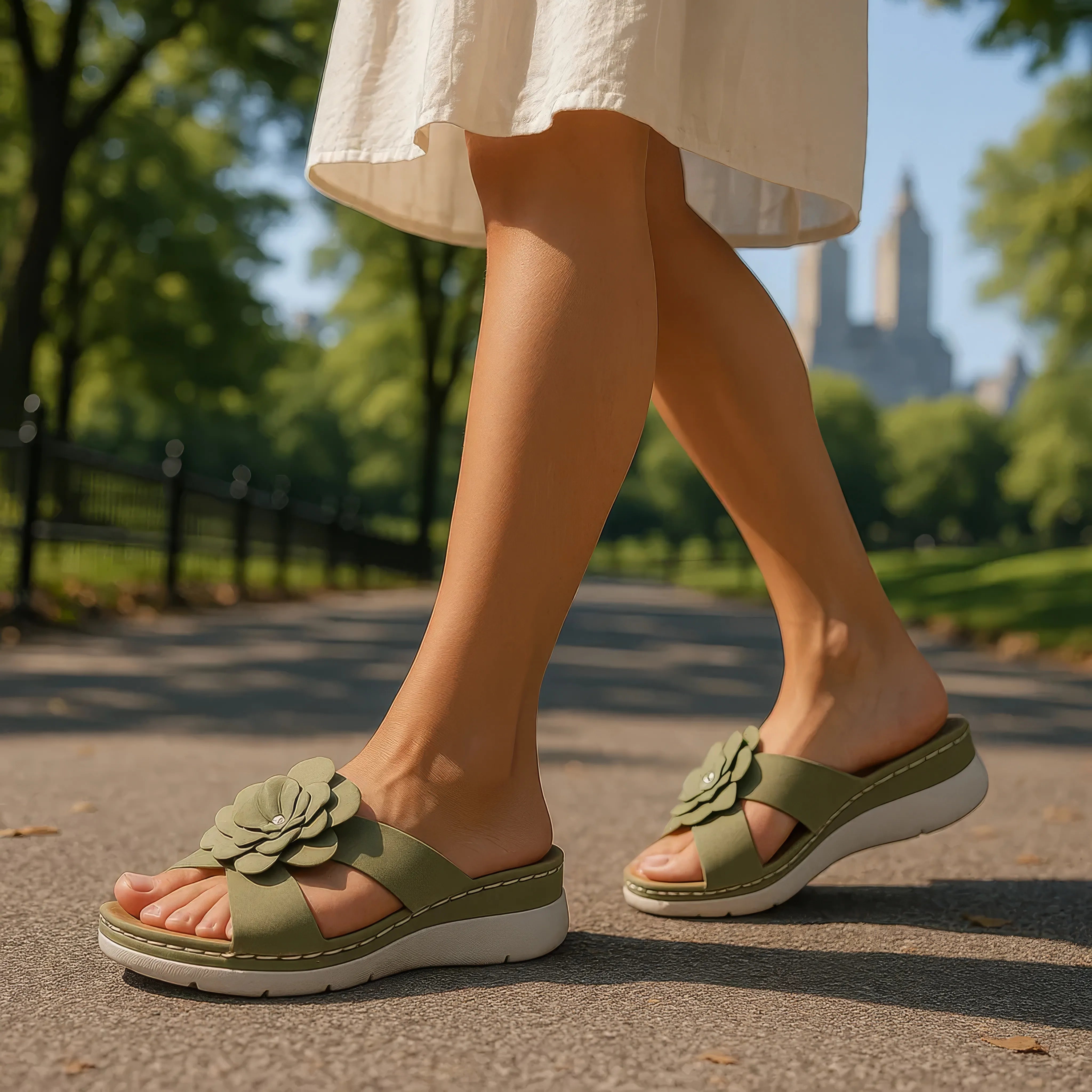 Person wearing green sandals with floral details in a park setting