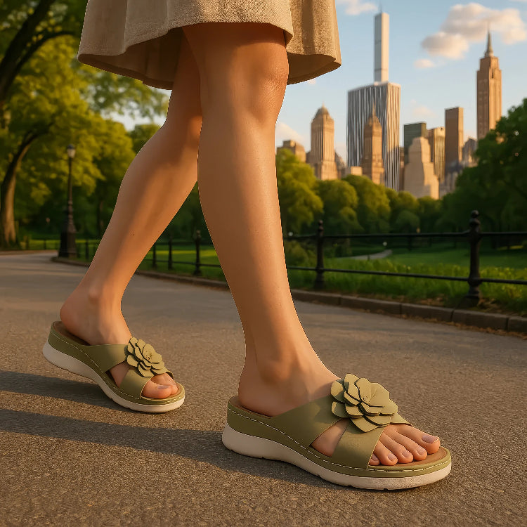 Person wearing green sandals with floral details in a park setting with city skyline in the background