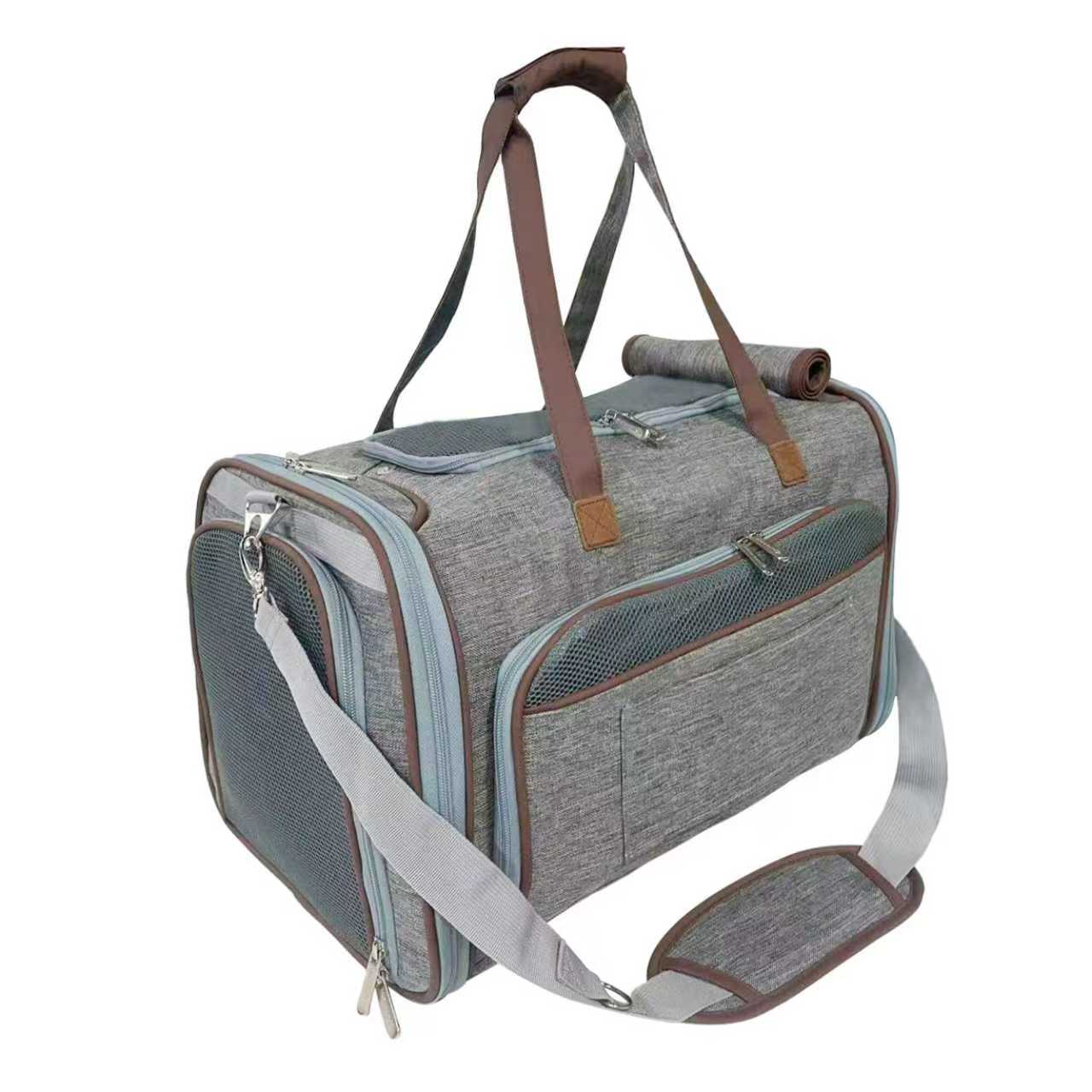 Gray pet carrier with brown accents on a white background