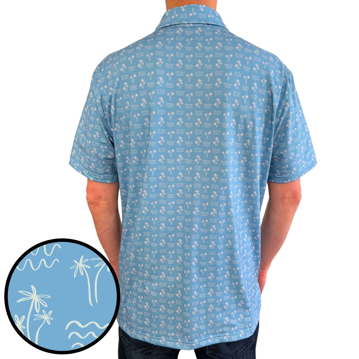 Blue patterned shirt worn by a person with a close-up of the pattern on the back.