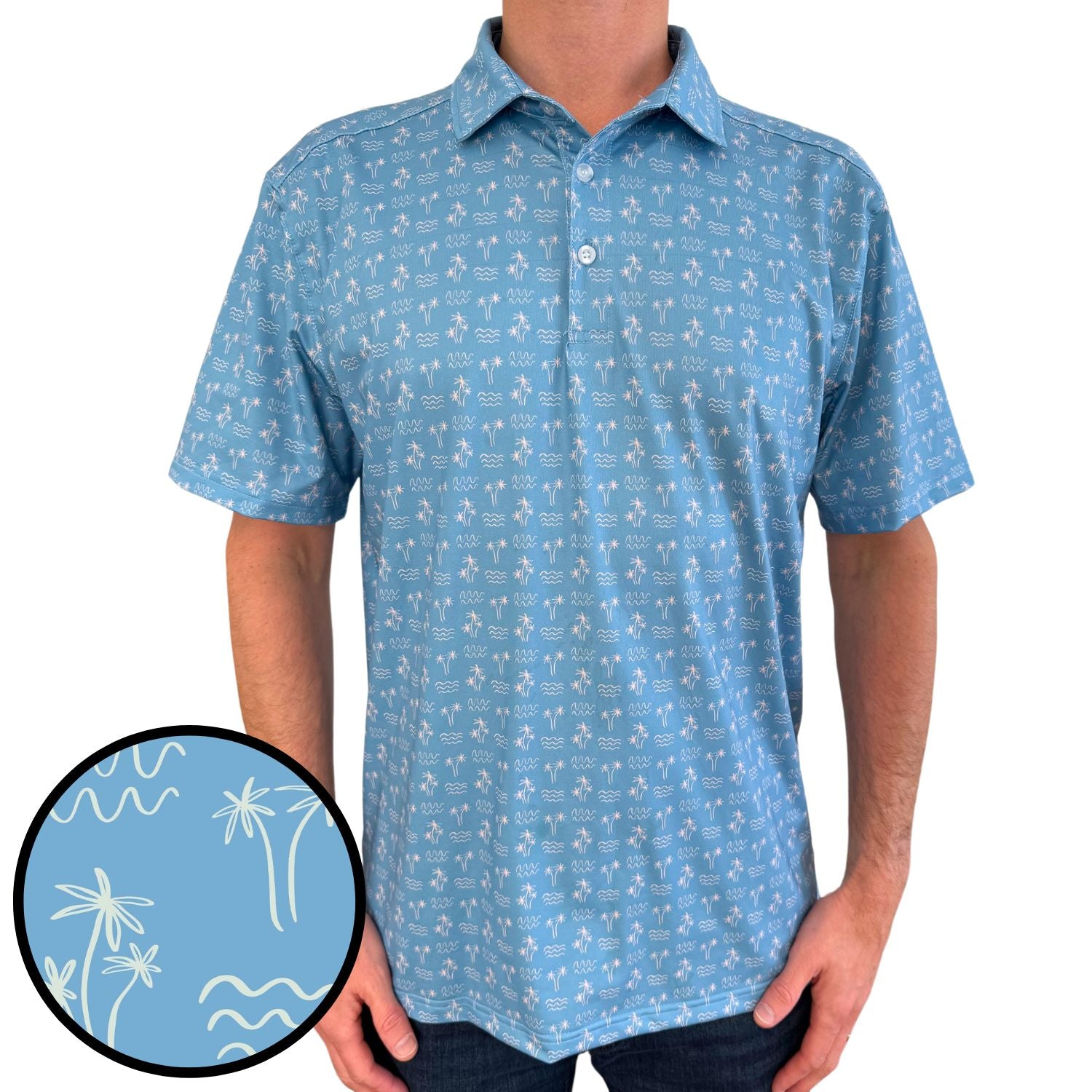 Blue patterned shirt with a close-up inset of the design on a white background