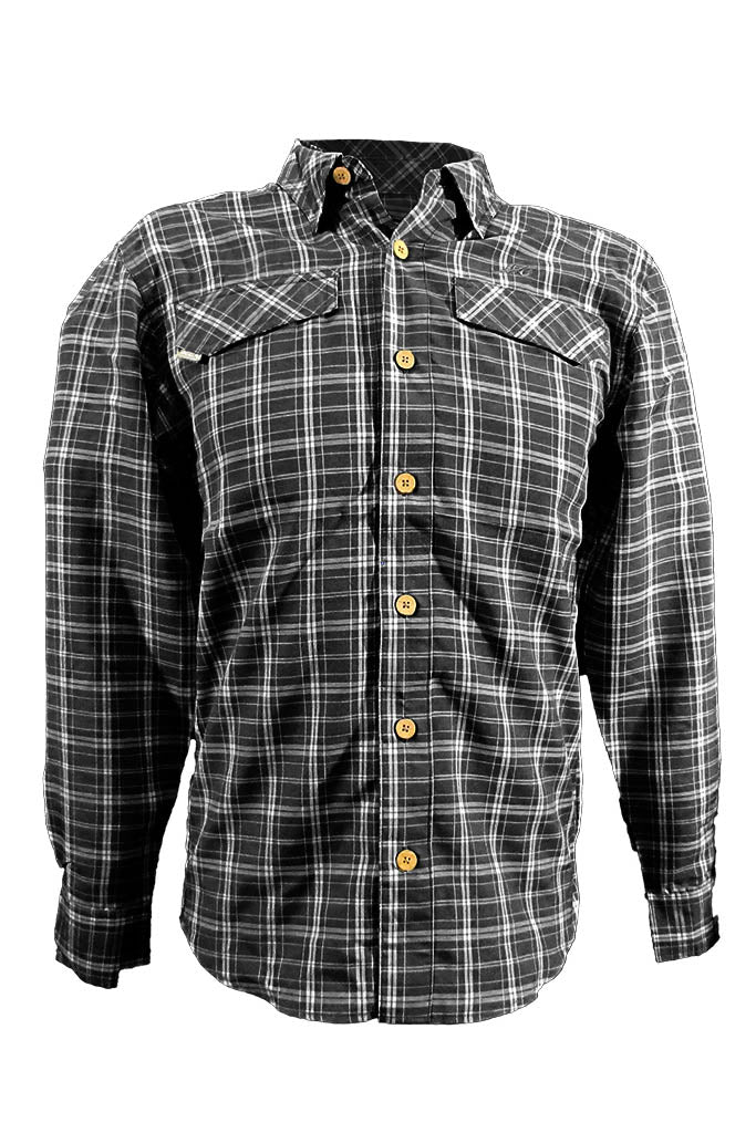 Black and white plaid shirt with yellow buttons on a white background