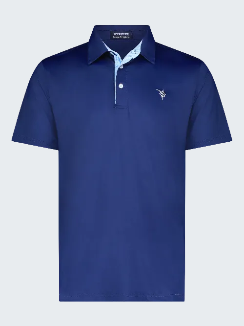 Blue polo shirt with a brand logo on a white background
