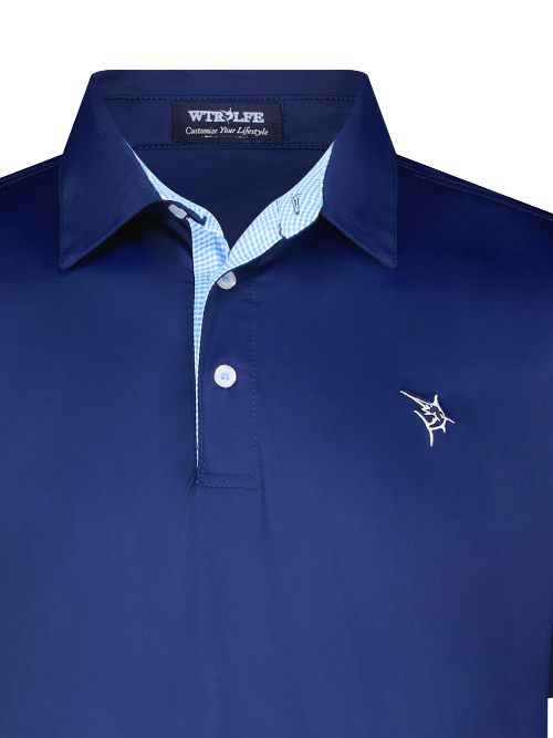 Navy blue polo shirt with a small logo on a white background