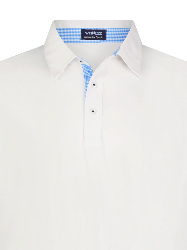 White dress shirt with a blue checkered inside collar on a white background