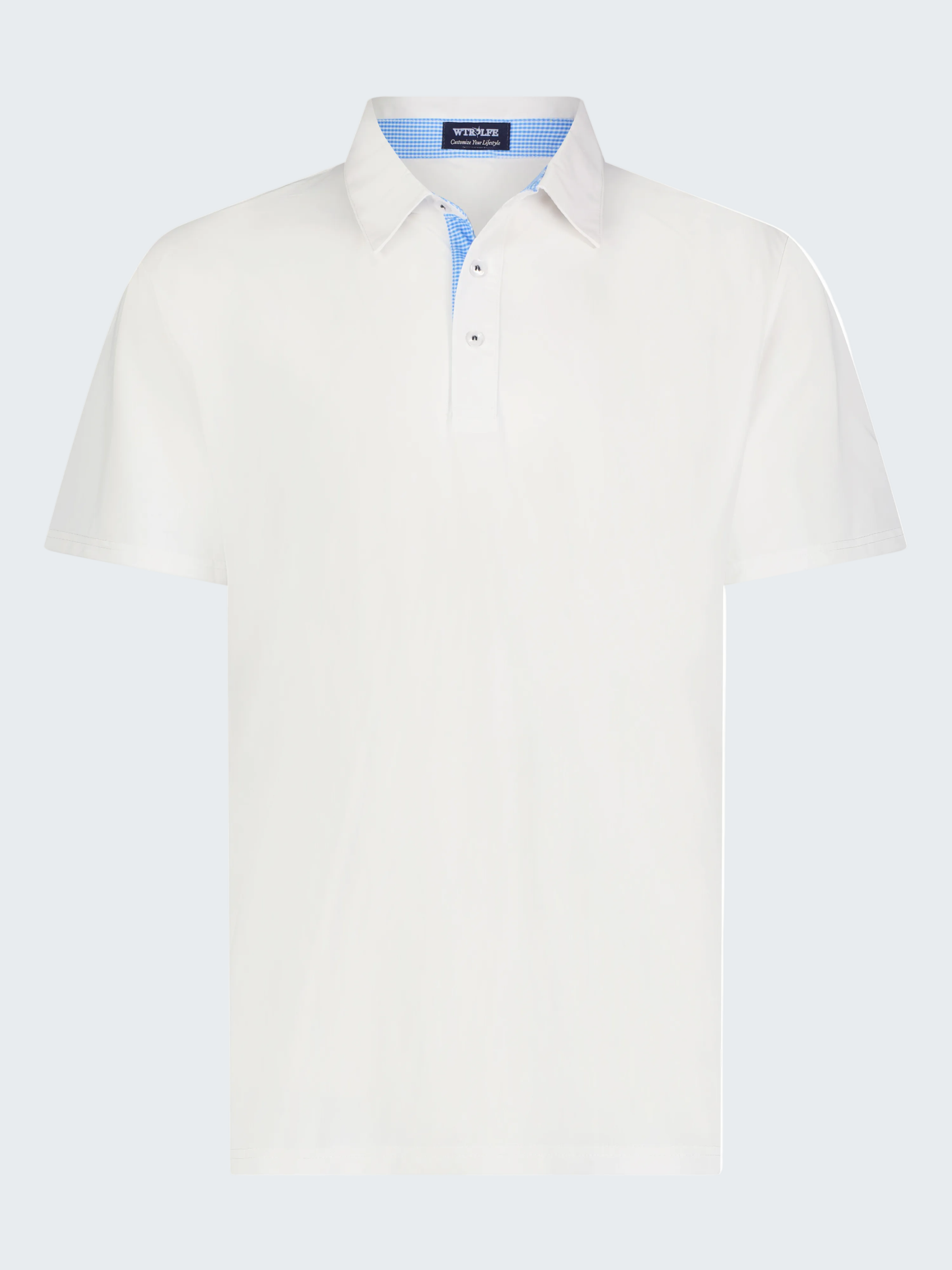 White polo shirt with a blue collar on a white background