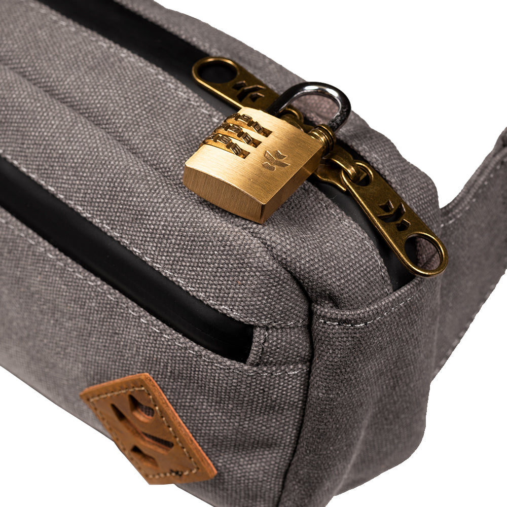 Gray bag with a gold padlock on a white background